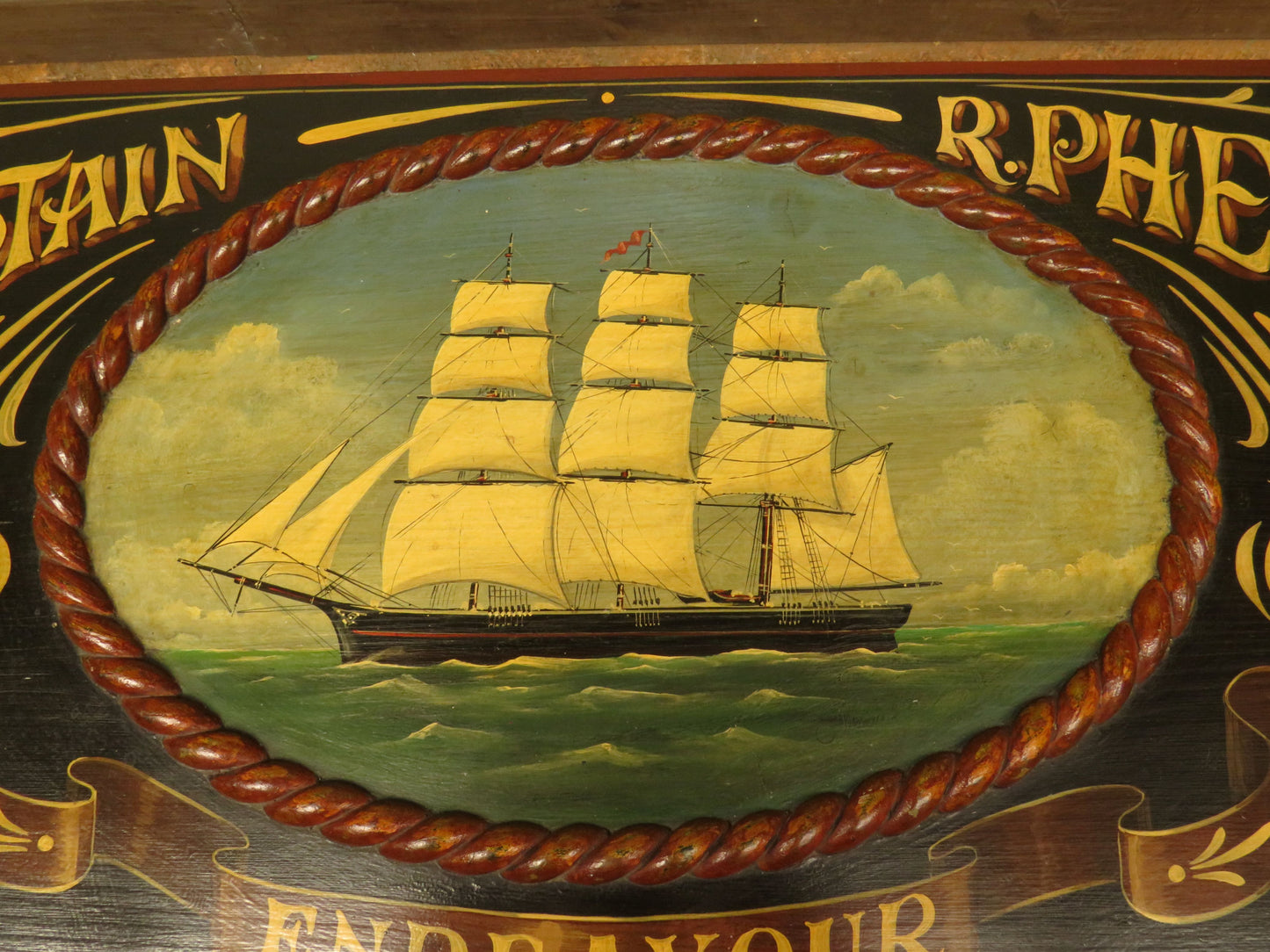 Hand Painted Nautical Themed Pine Trunk, Captain R.Phelp, Endeavour