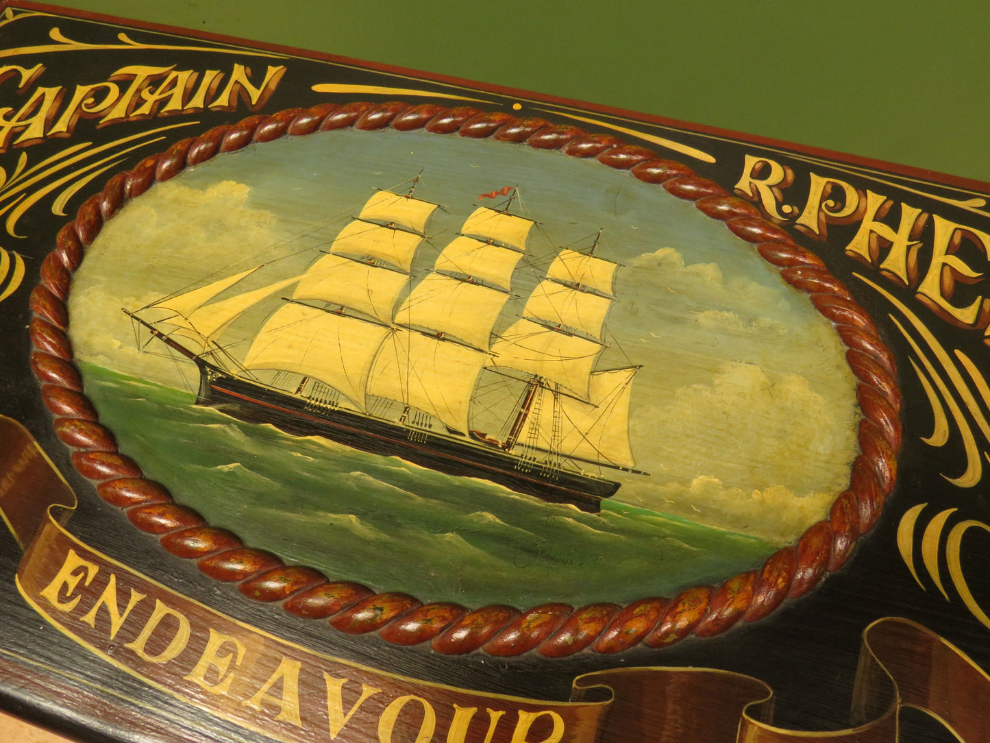 Hand Painted Nautical Themed Pine Trunk, Captain R.Phelp, Endeavour