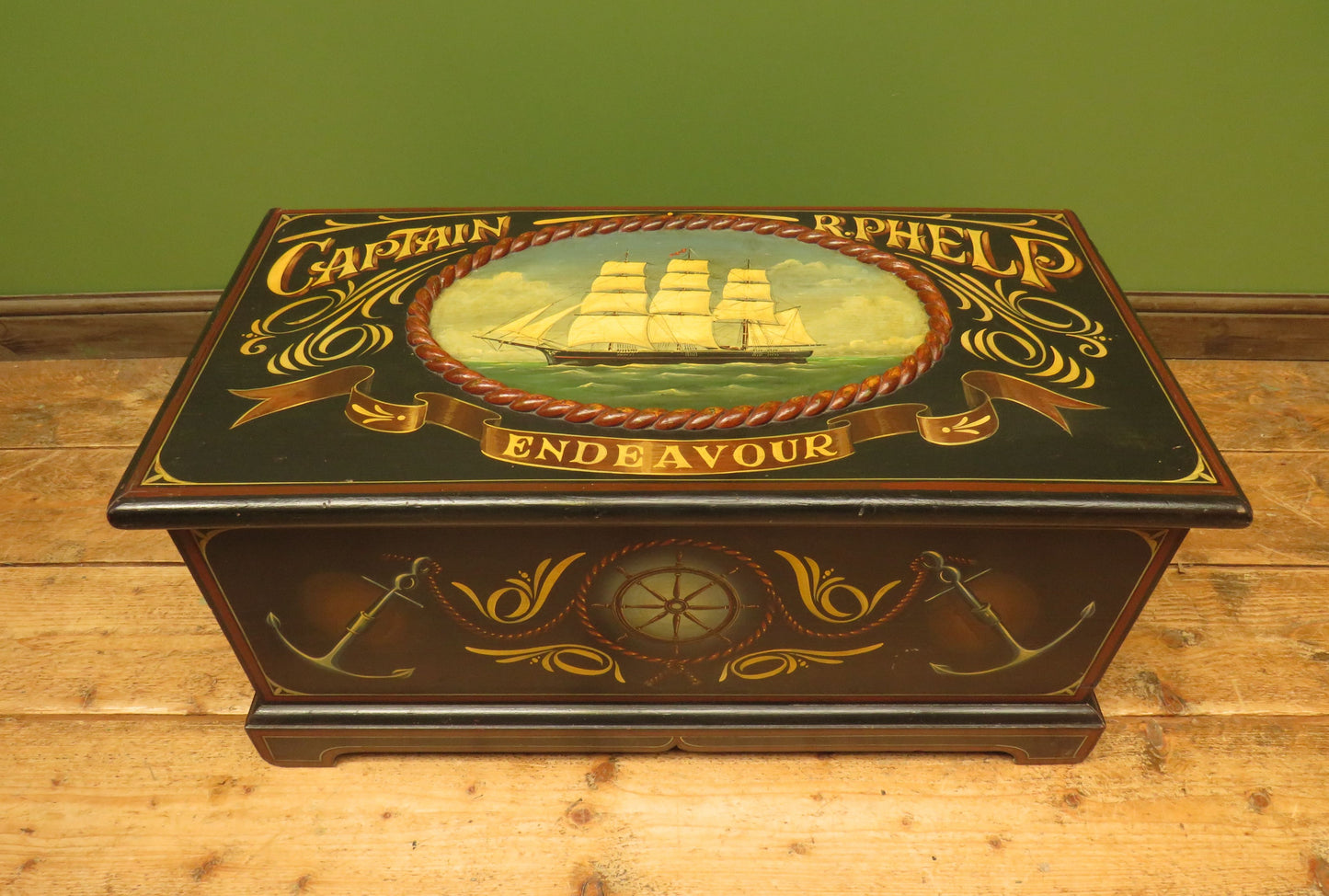 Hand Painted Nautical Themed Pine Trunk, Captain R.Phelp, Endeavour
