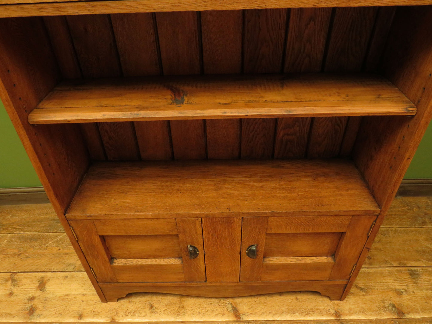Arts & Crafts Era Oak Book Cabinet with Shelves and Cupboard