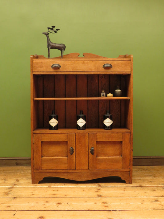 Arts & Crafts Era Oak Book Cabinet with Shelves and Cupboard