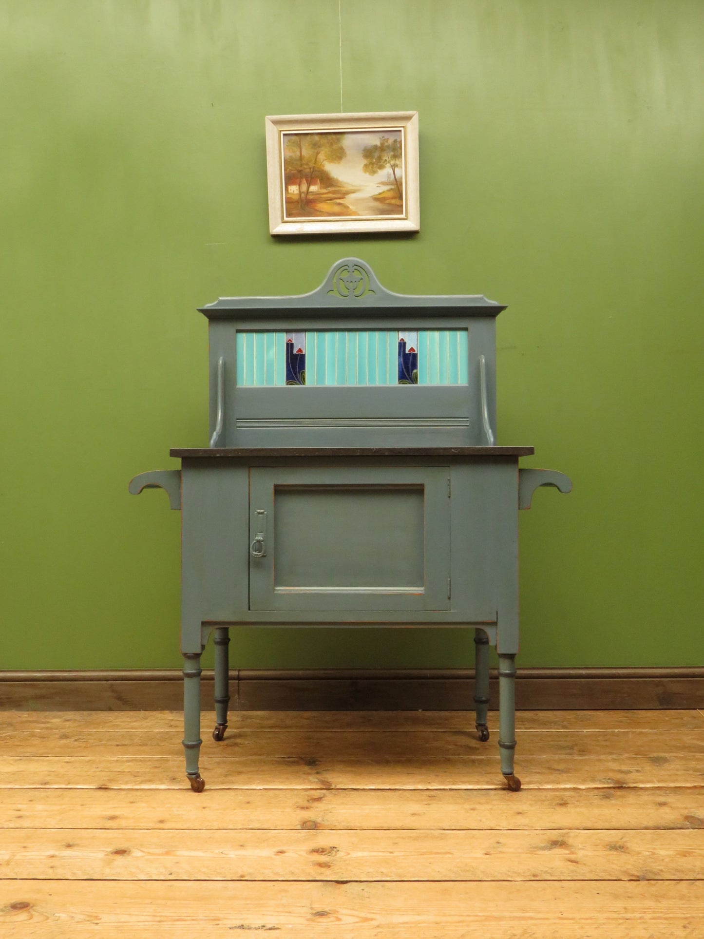Blue Washstand with Black Slate and Tiled Top