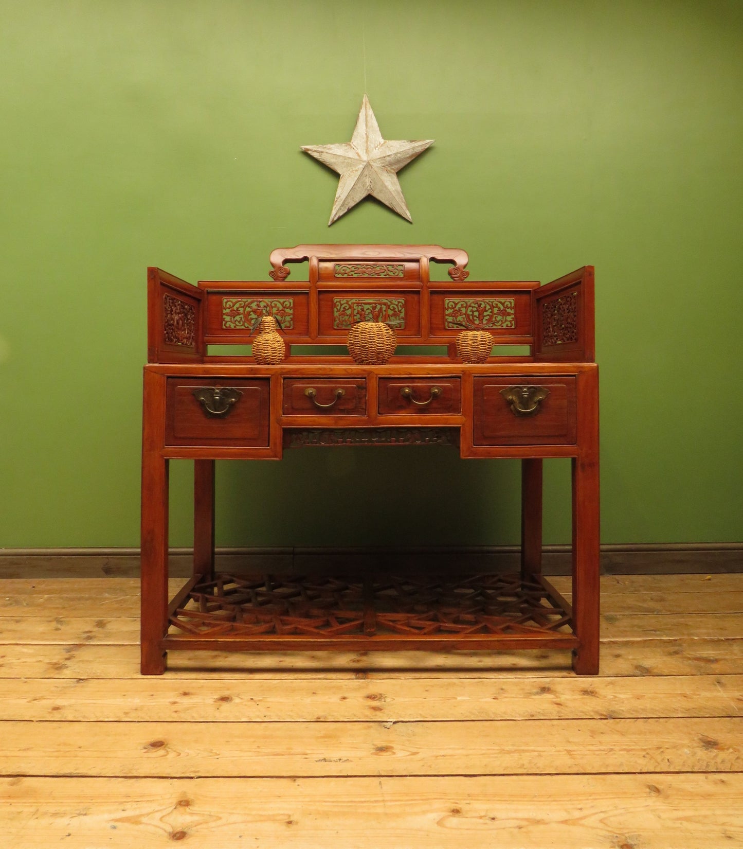 Chinese Elm Table with Ornate Carvings