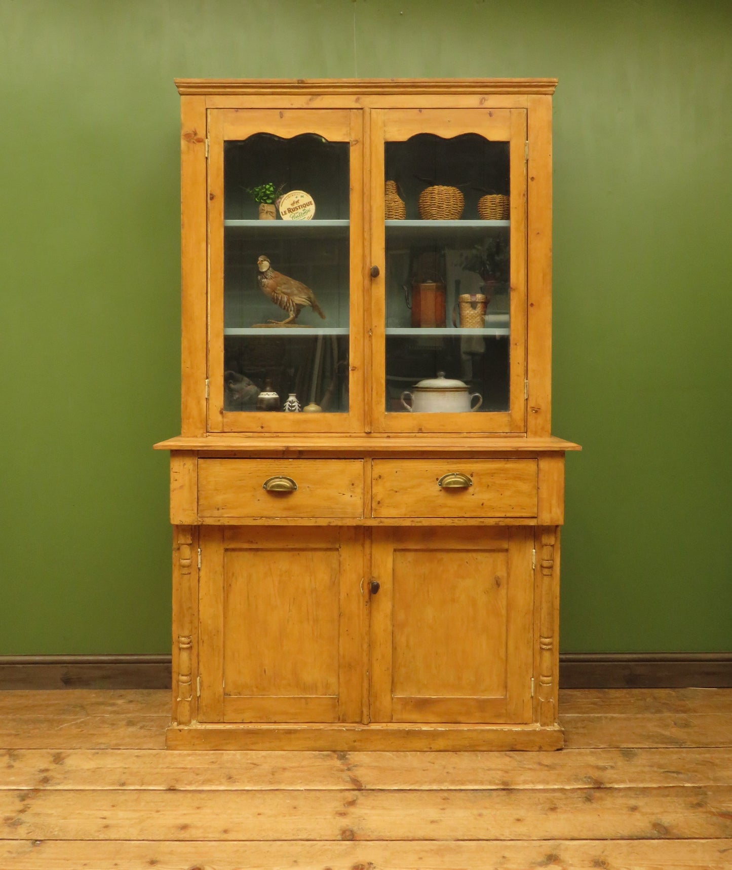 Victorian Pine Glazed Kitchen Dresser with Blue Interior