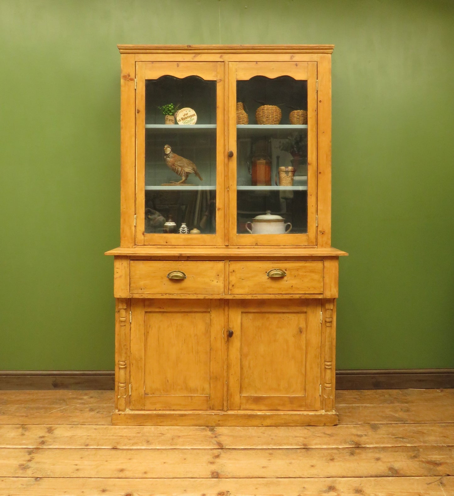 Victorian Pine Glazed Kitchen Dresser with Blue Interior