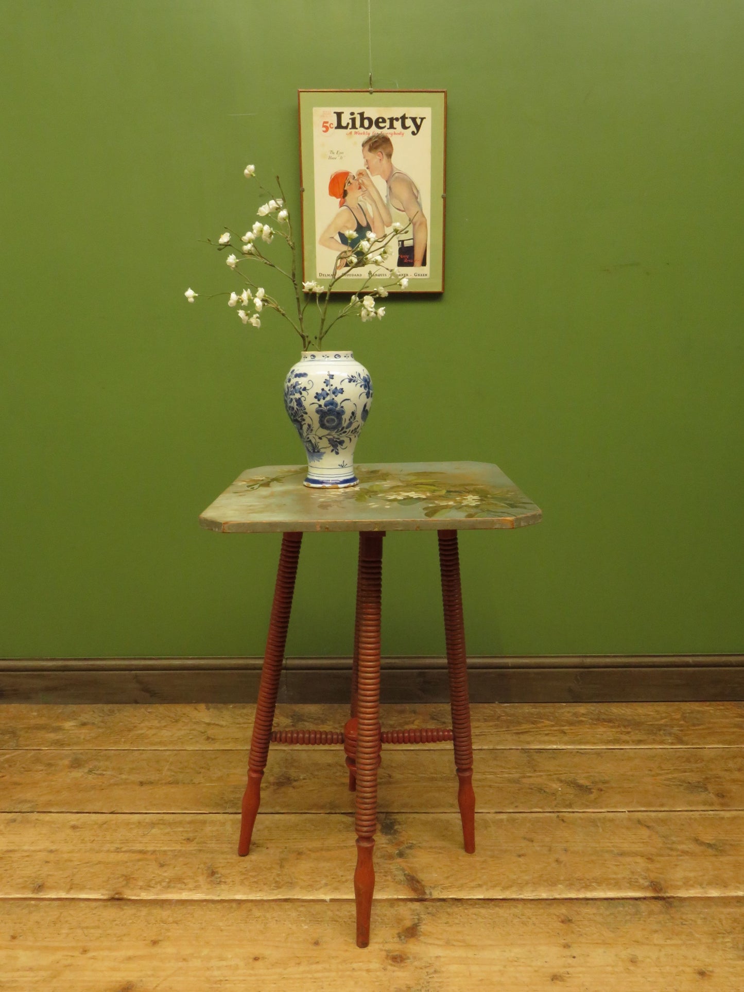 Bloomsbury Style Small Handpainted Table with Red Bobbin Base