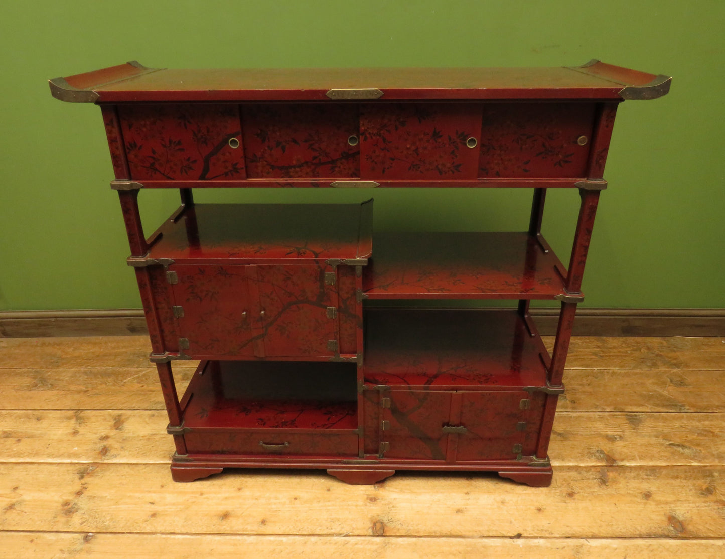 Japanese Red Lacquered Shodana Cabinet with Cherry Blossoms c1880