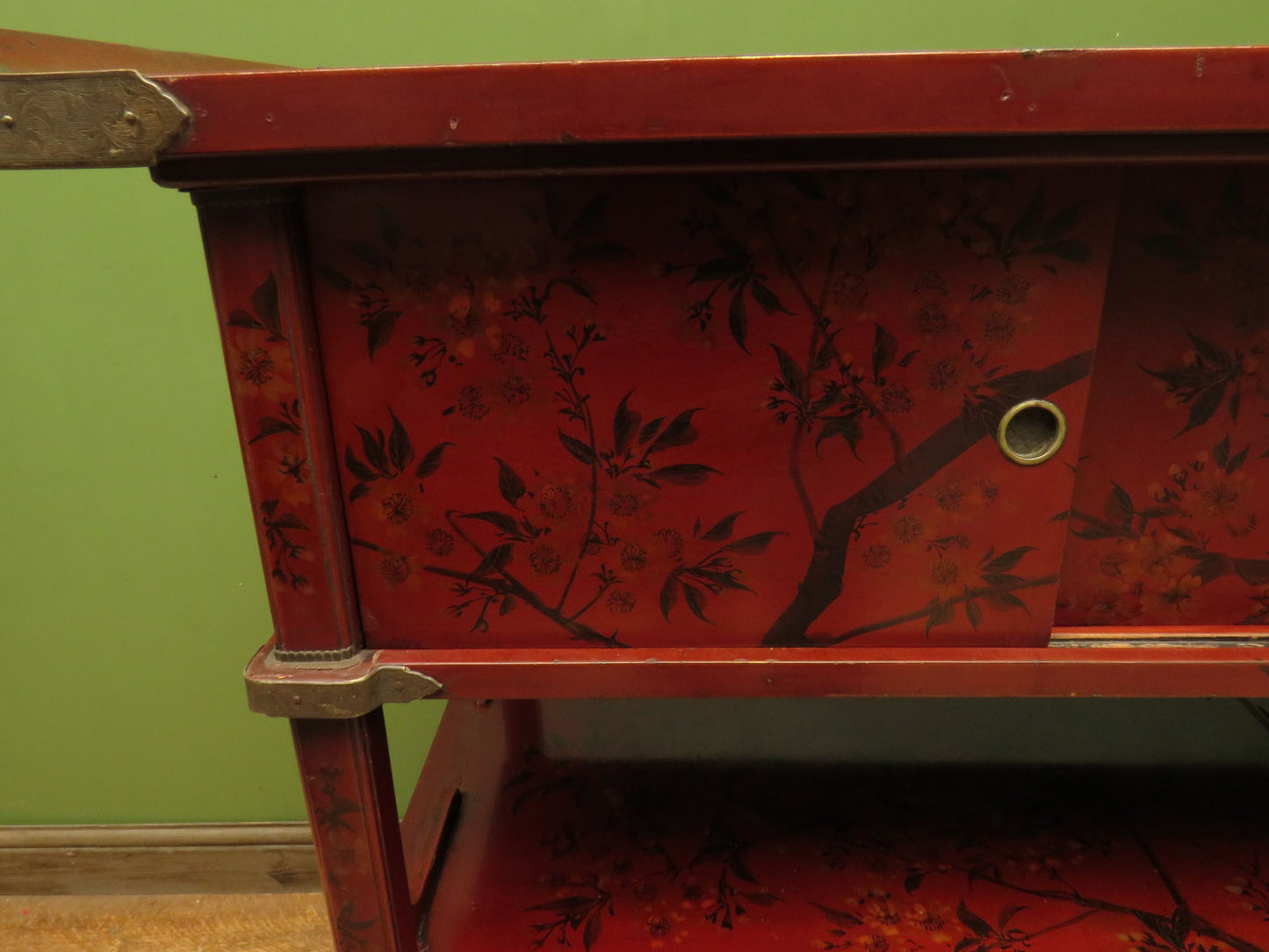 Japanese Red Lacquered Shodana Cabinet with Cherry Blossoms c1880