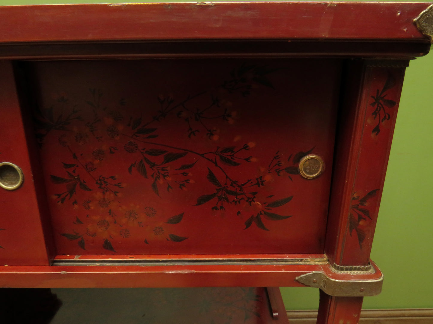 Japanese Red Lacquered Shodana Cabinet with Cherry Blossoms c1880