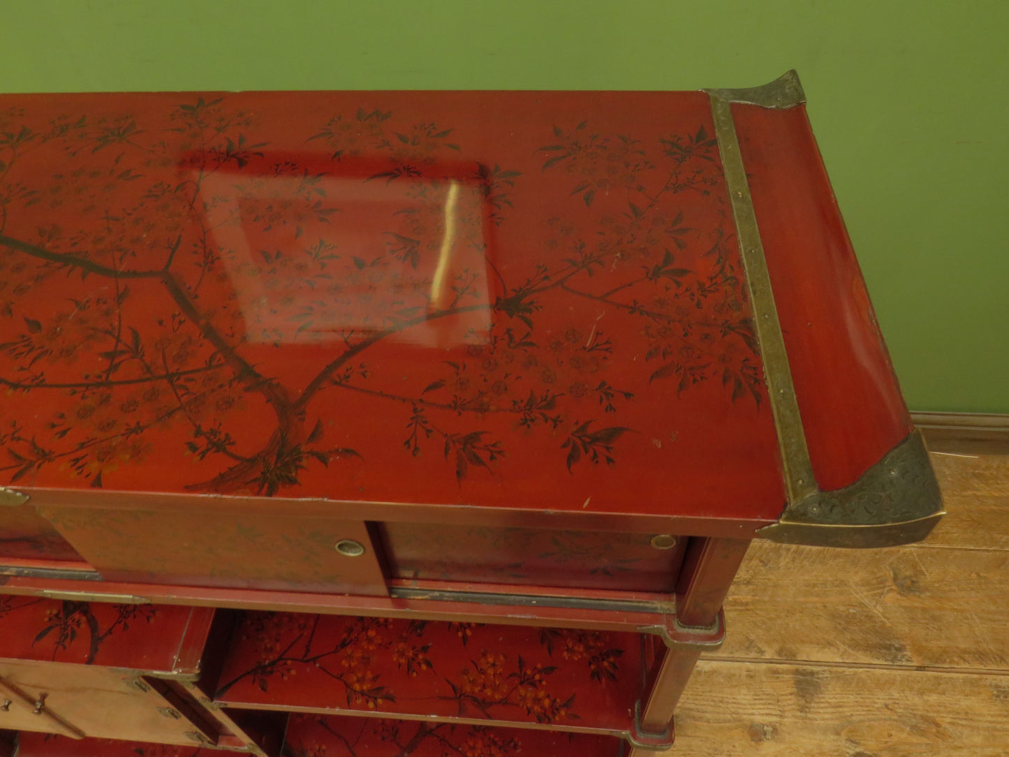 Japanese Red Lacquered Shodana Cabinet with Cherry Blossoms c1880