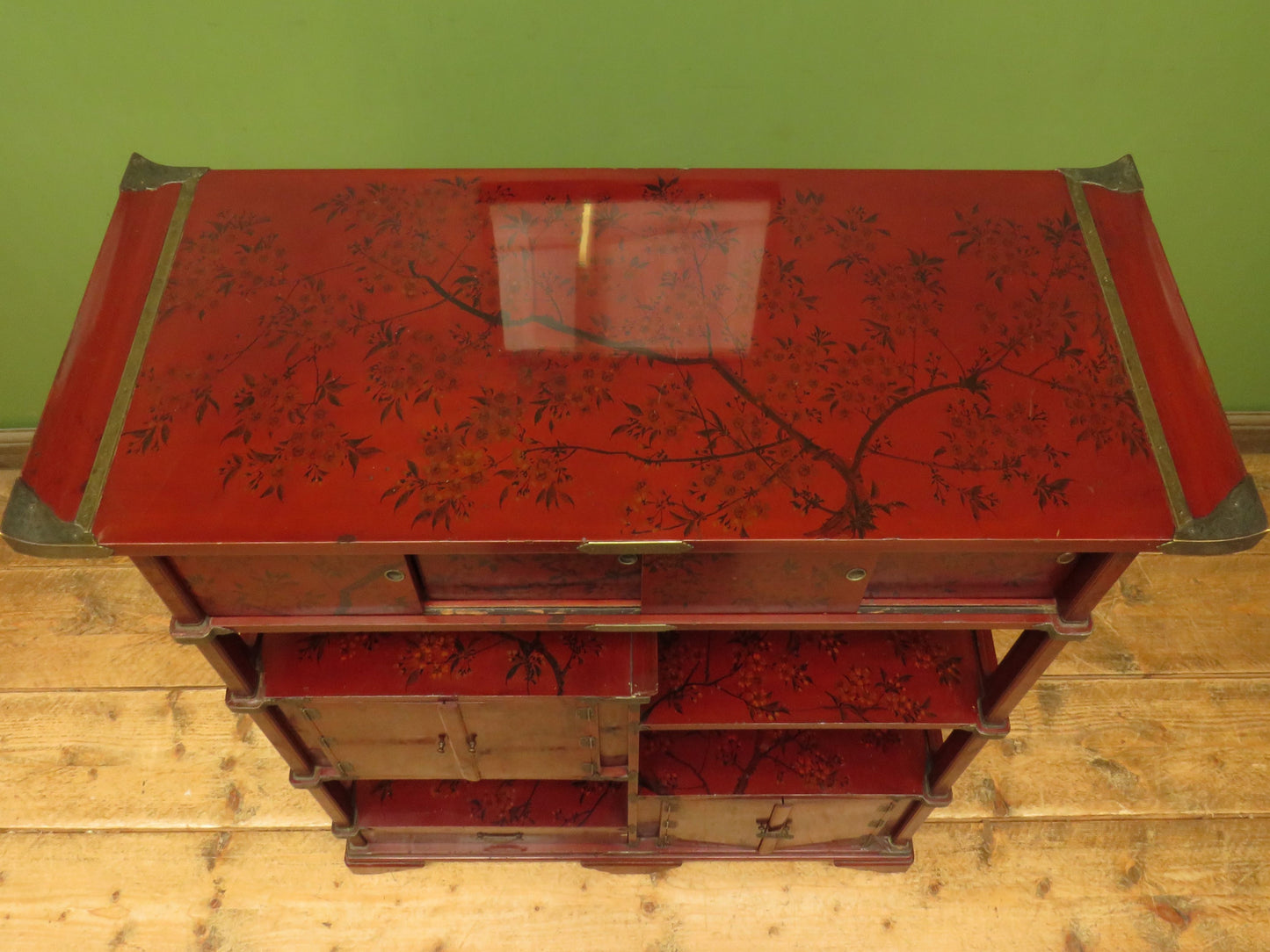 Japanese Red Lacquered Shodana Cabinet with Cherry Blossoms c1880