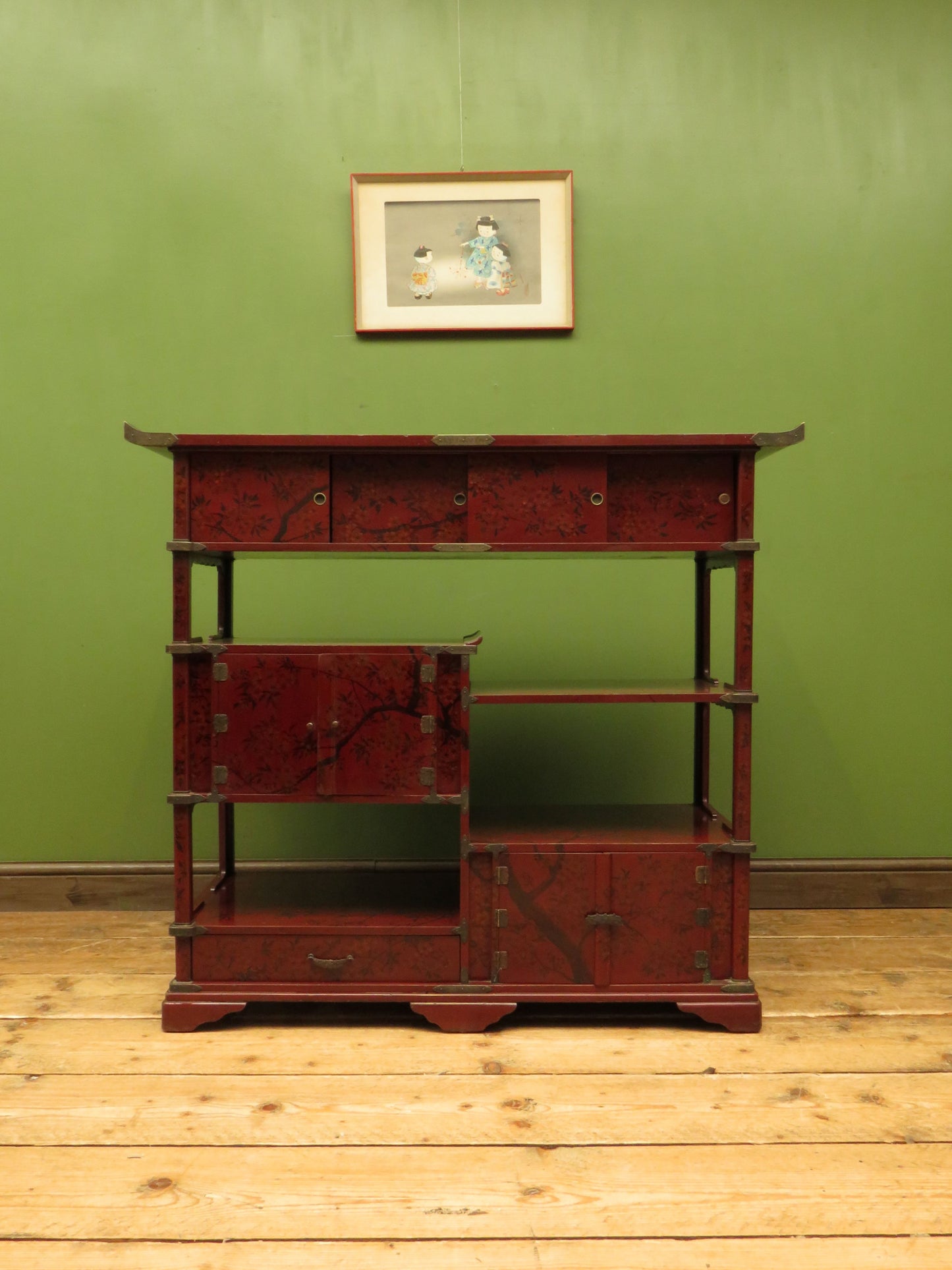 Japanese Red Lacquered Shodana Cabinet with Cherry Blossoms c1880