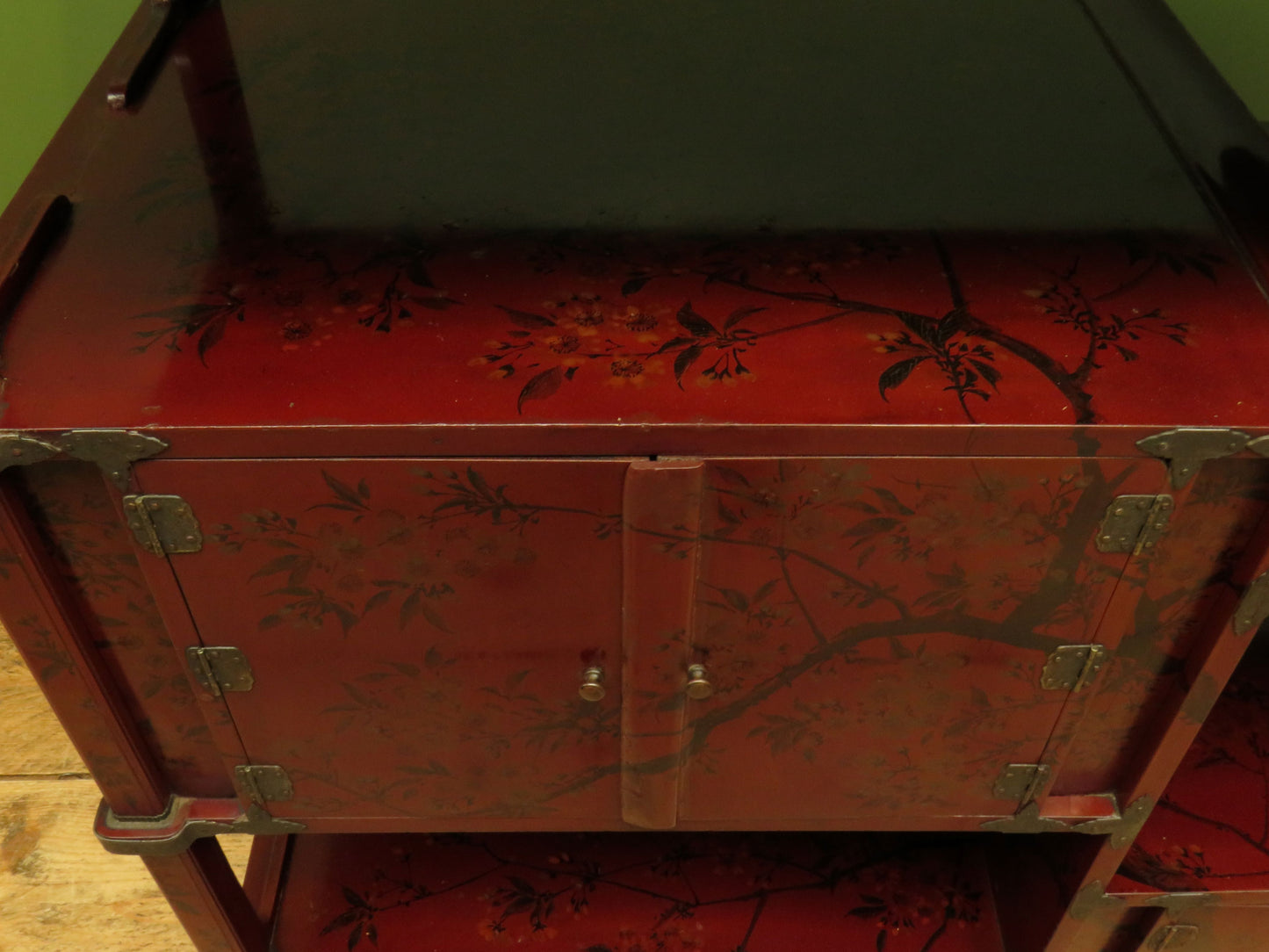 Japanese Red Lacquered Shodana Cabinet with Cherry Blossoms c1880