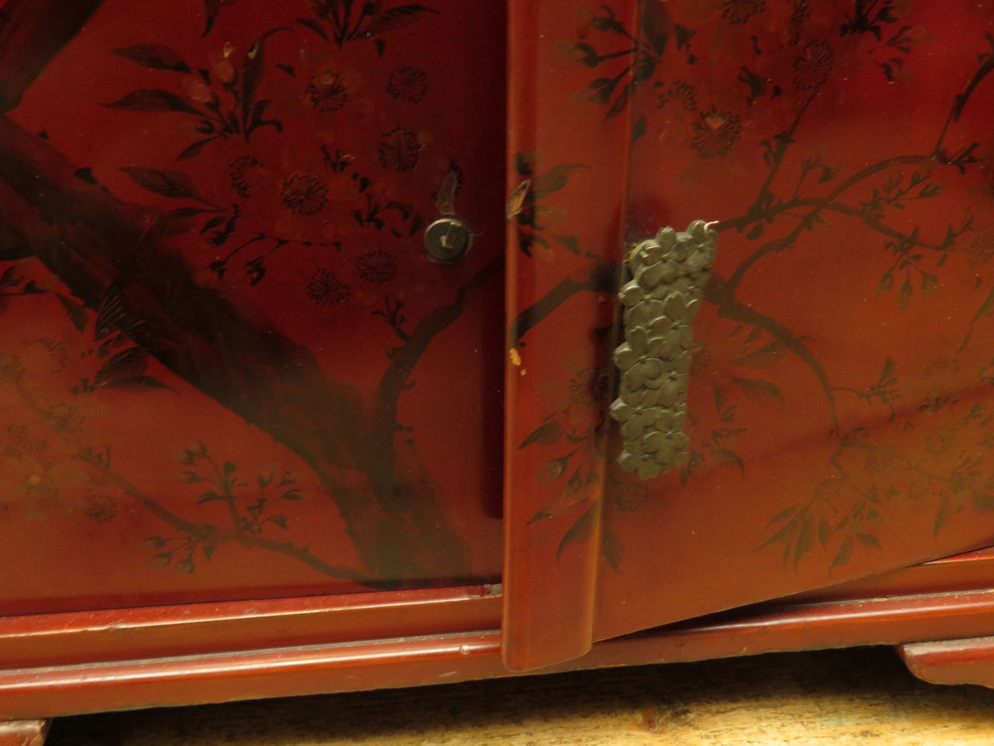 Japanese Red Lacquered Shodana Cabinet with Cherry Blossoms c1880