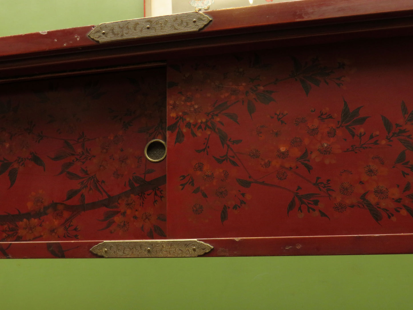 Japanese Red Lacquered Shodana Cabinet with Cherry Blossoms c1880