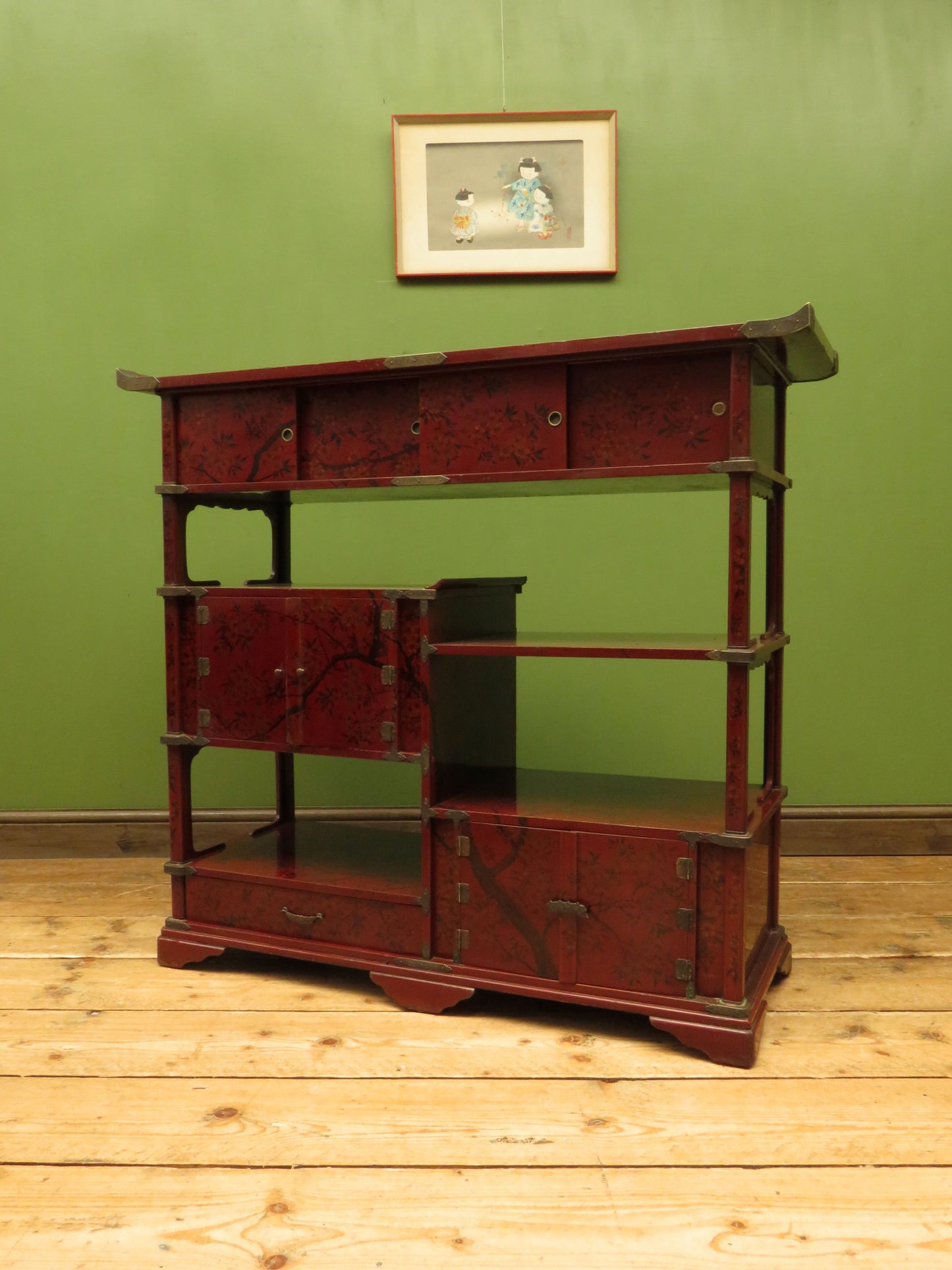 Japanese Red Lacquered Shodana Cabinet with Cherry Blossoms c1880