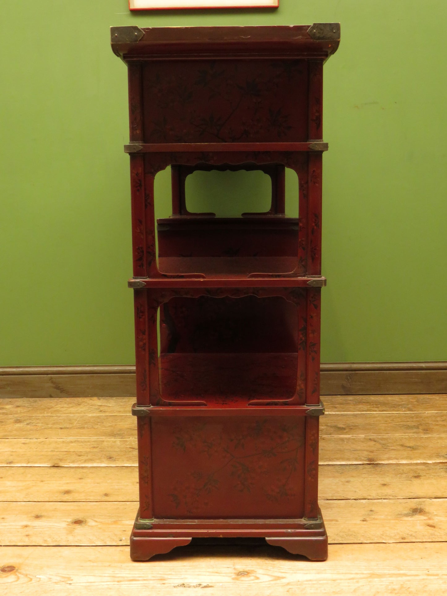 Japanese Red Lacquered Shodana Cabinet with Cherry Blossoms c1880