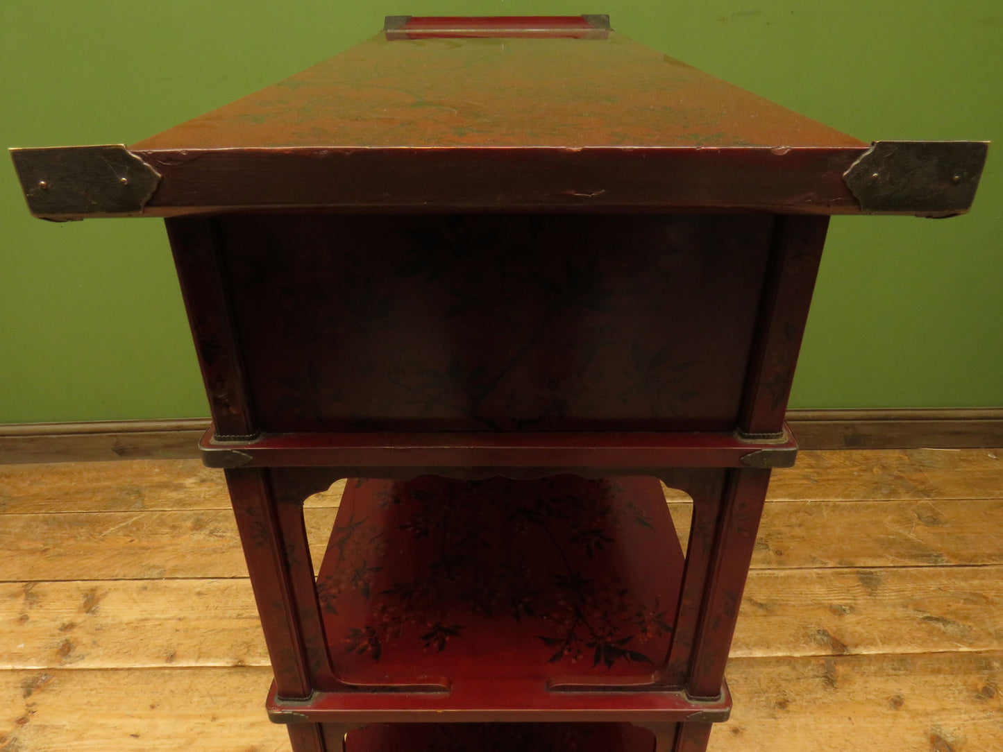 Japanese Red Lacquered Shodana Cabinet with Cherry Blossoms c1880