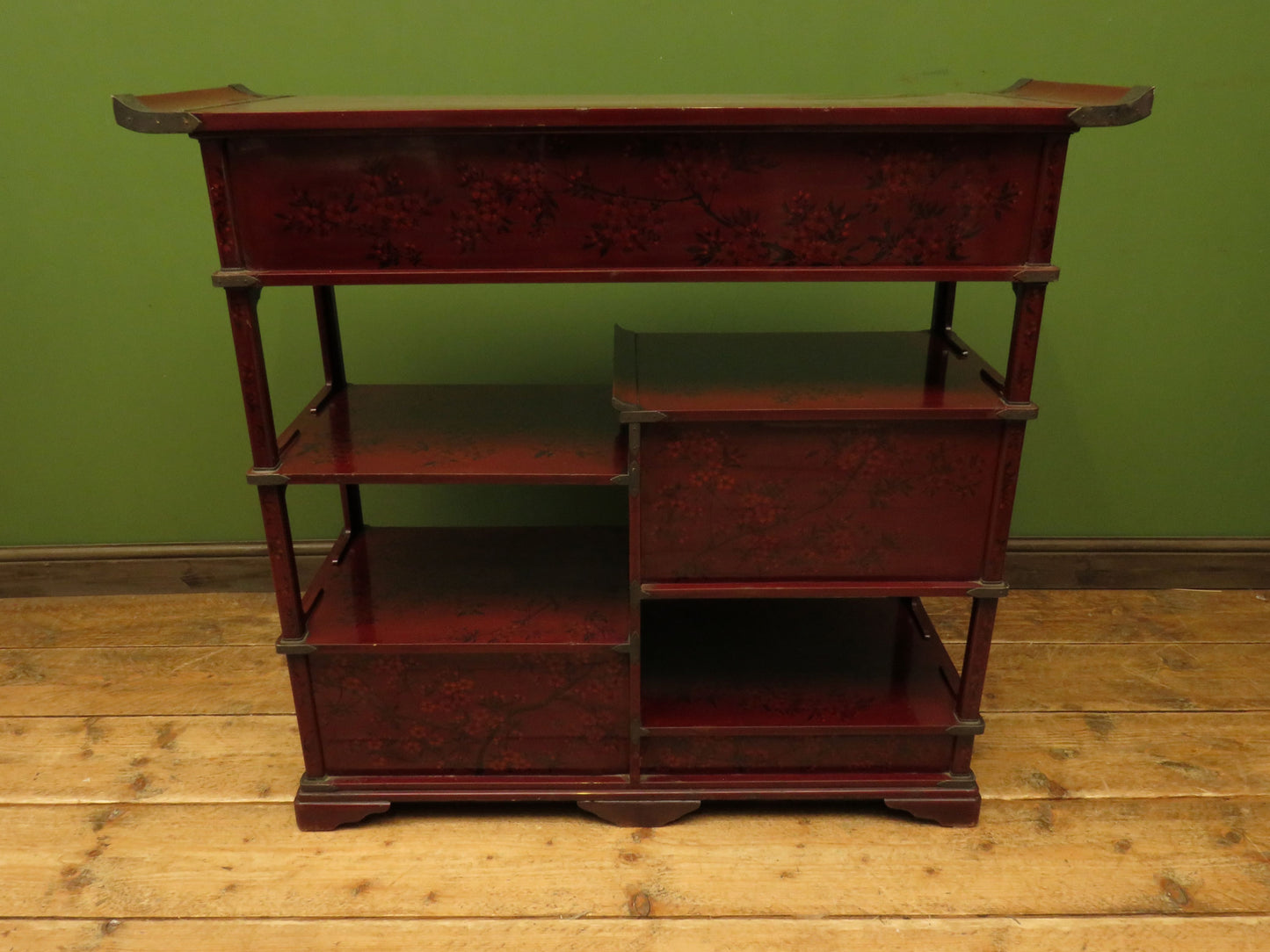 Japanese Red Lacquered Shodana Cabinet with Cherry Blossoms c1880