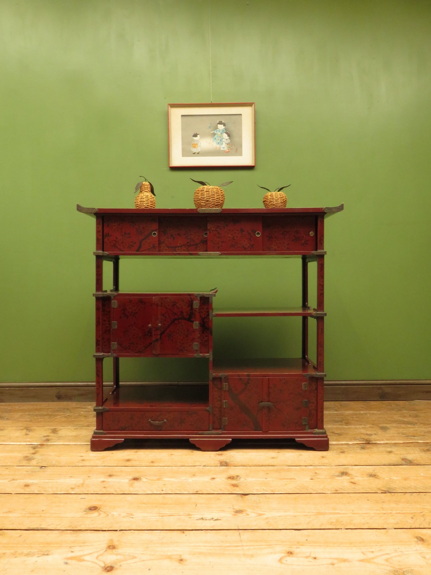 Japanese Red Lacquered Shodana Cabinet with Cherry Blossoms c1880