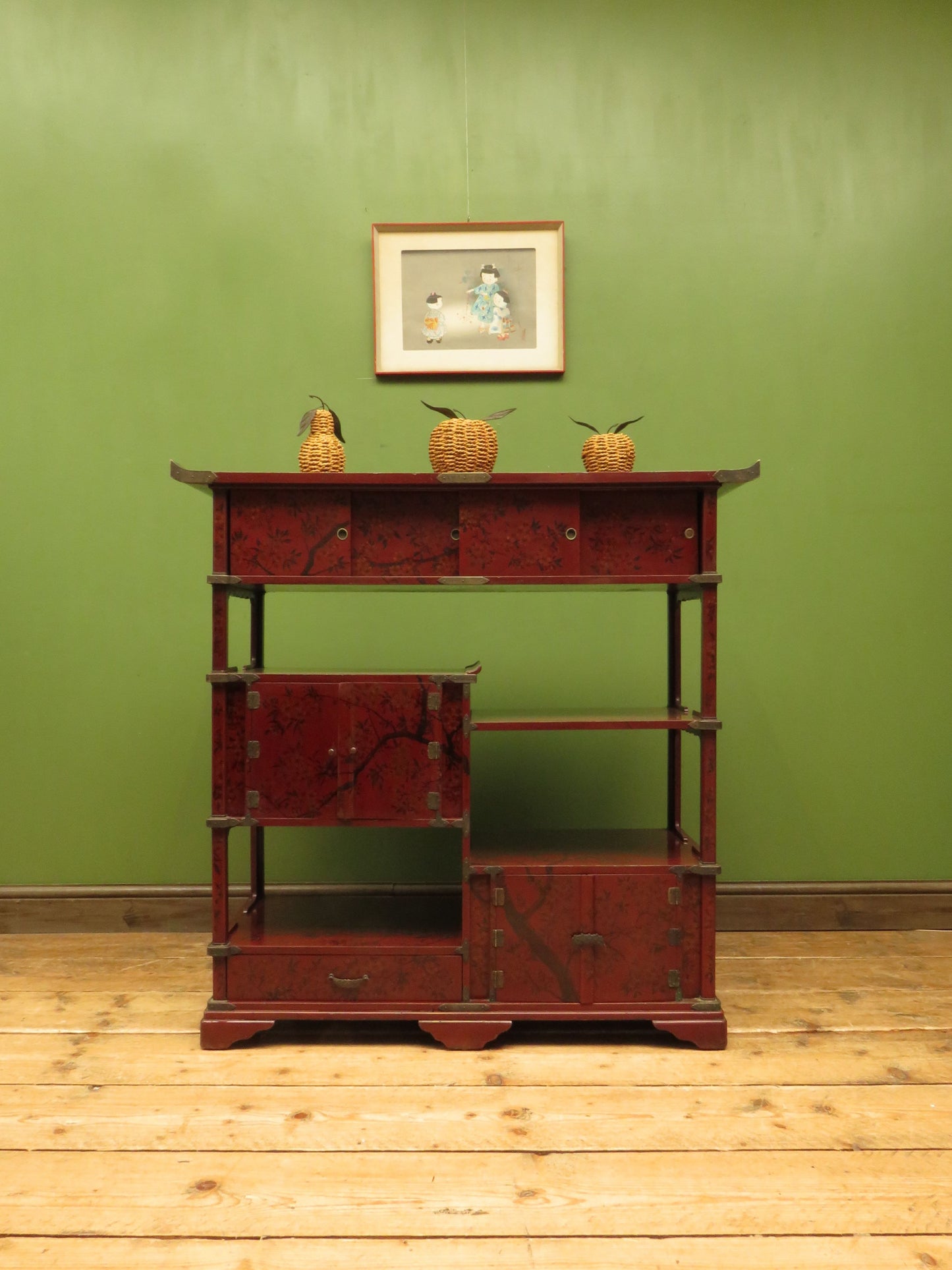 Japanese Red Lacquered Shodana Cabinet with Cherry Blossoms c1880