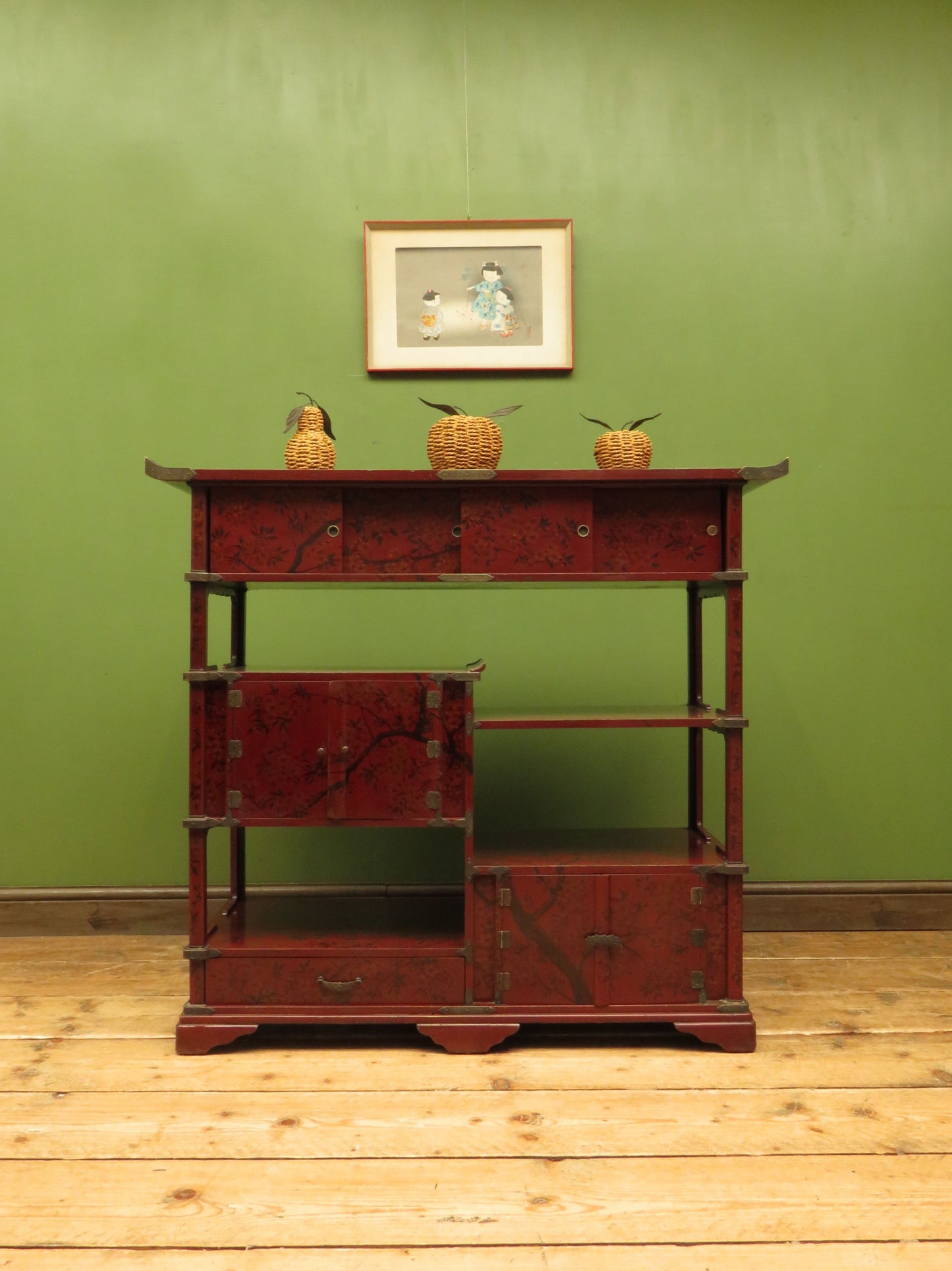 Japanese Red Lacquered Shodana Cabinet with Cherry Blossoms c1880