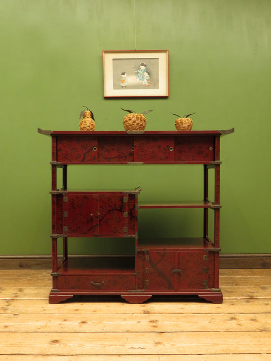 Japanese Red Lacquered Shodana Cabinet with Cherry Blossoms c1880