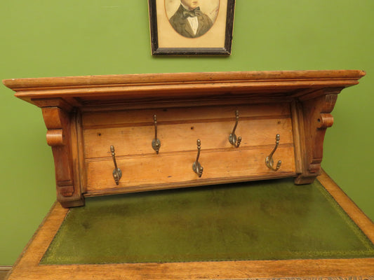 Antique Pine Wall Shelf with Coat Hooks