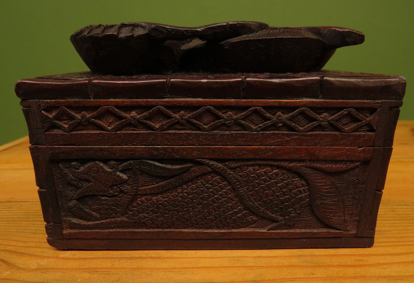 Antique Chinese Carved Wooden Box with Dragon