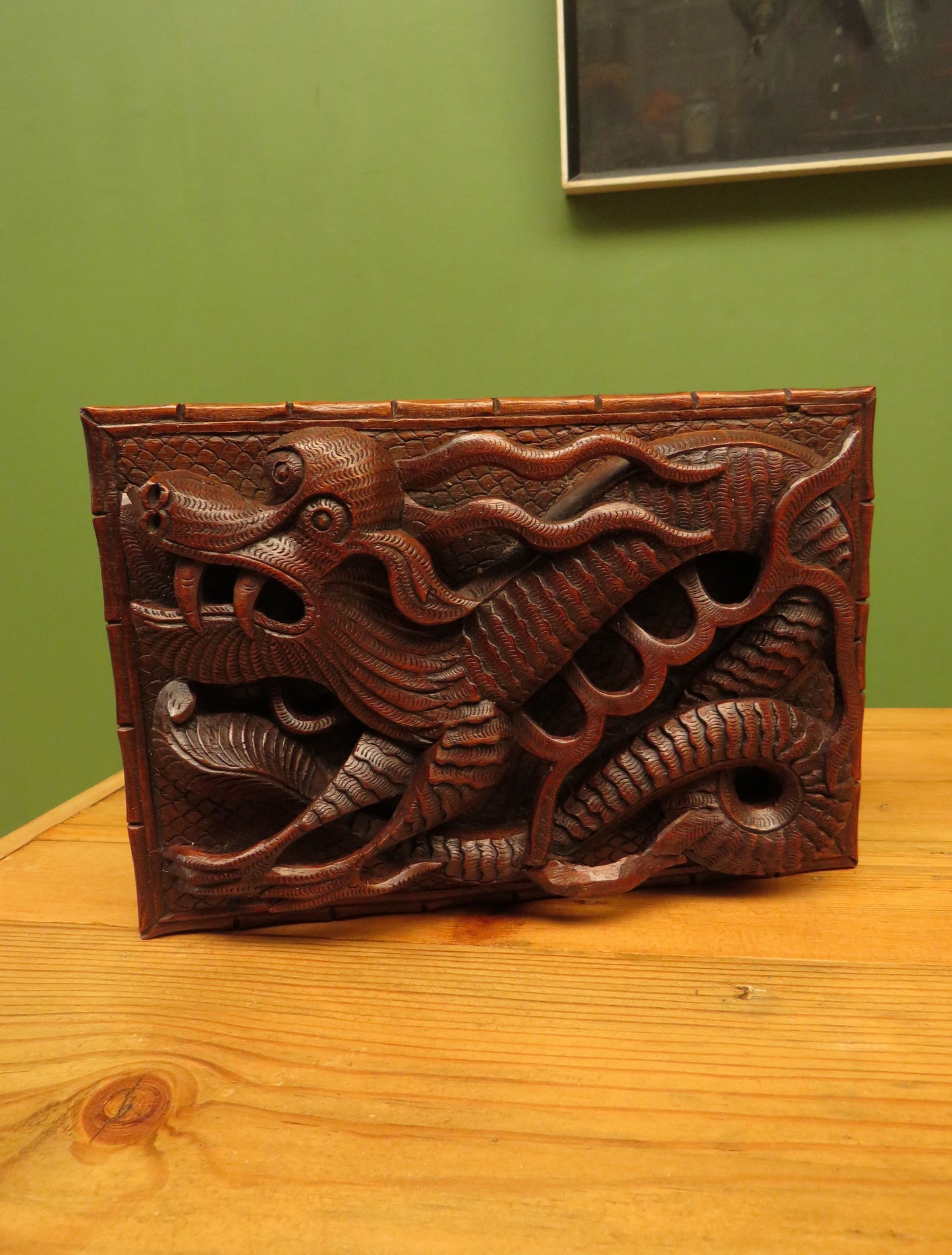 Antique Chinese Carved Wooden Box with Dragon