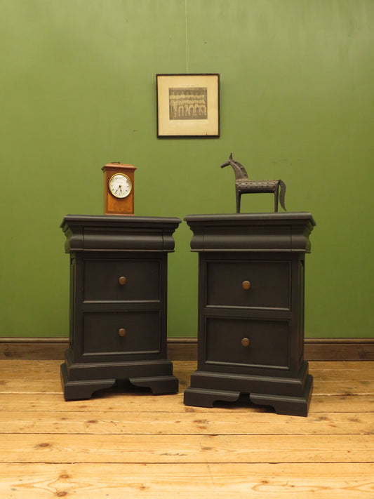 Pair of Black Painted Bedside Cabinets with three drawers