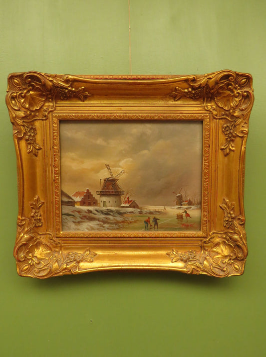 Jan Van Hessel Framed Painted Oil on Panel of a Dutch Winter Scene