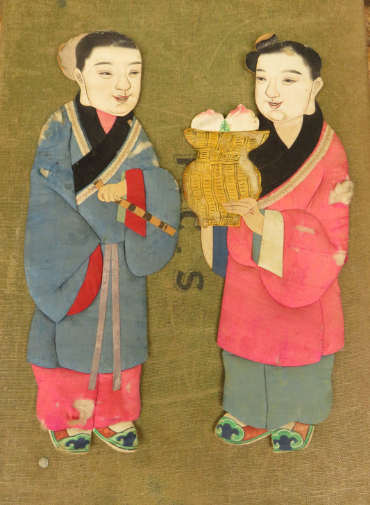 Pair of Antique Chinese painted silk on card immortal figures