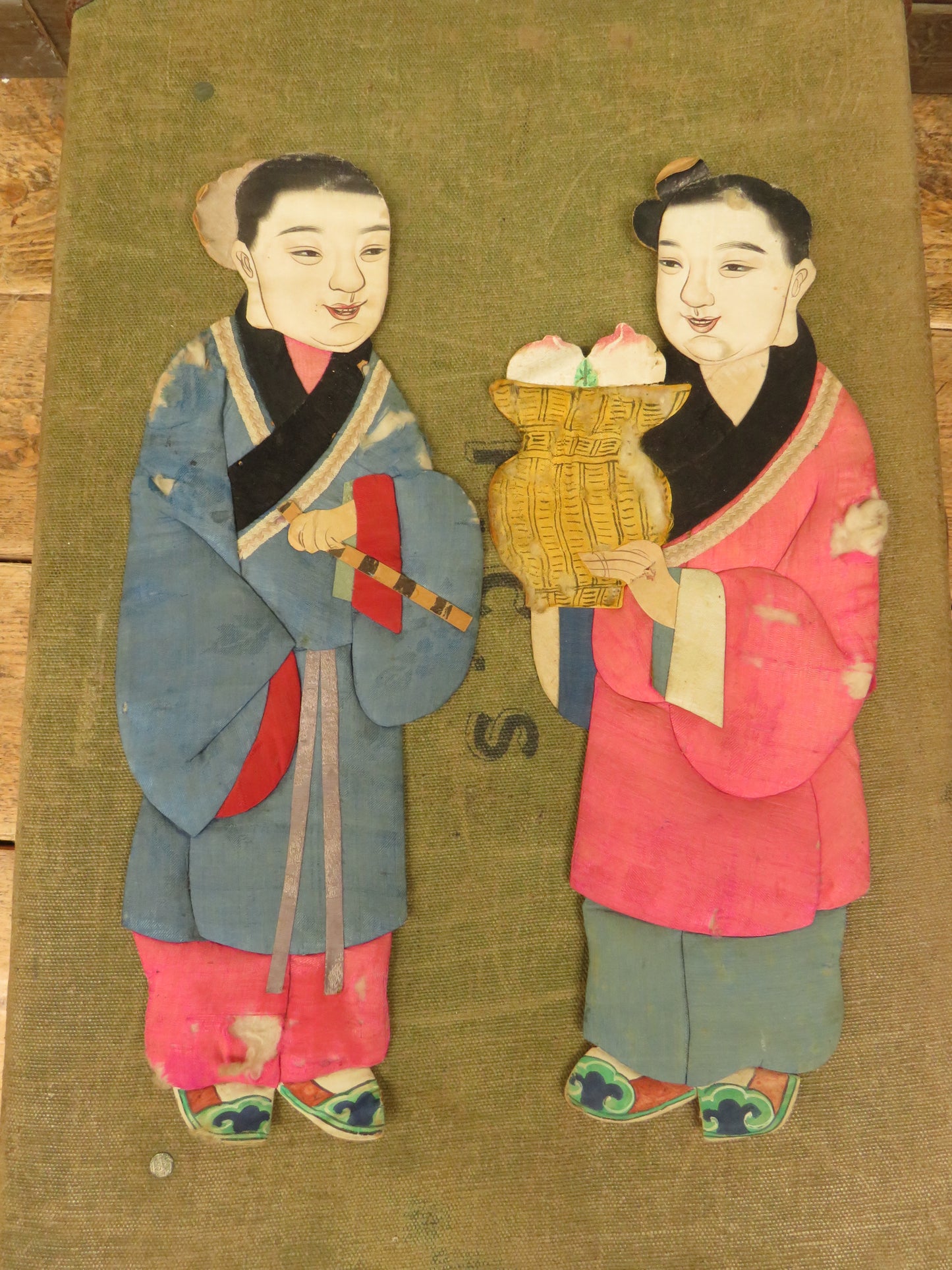 Pair of Antique Chinese painted silk on card immortal figures