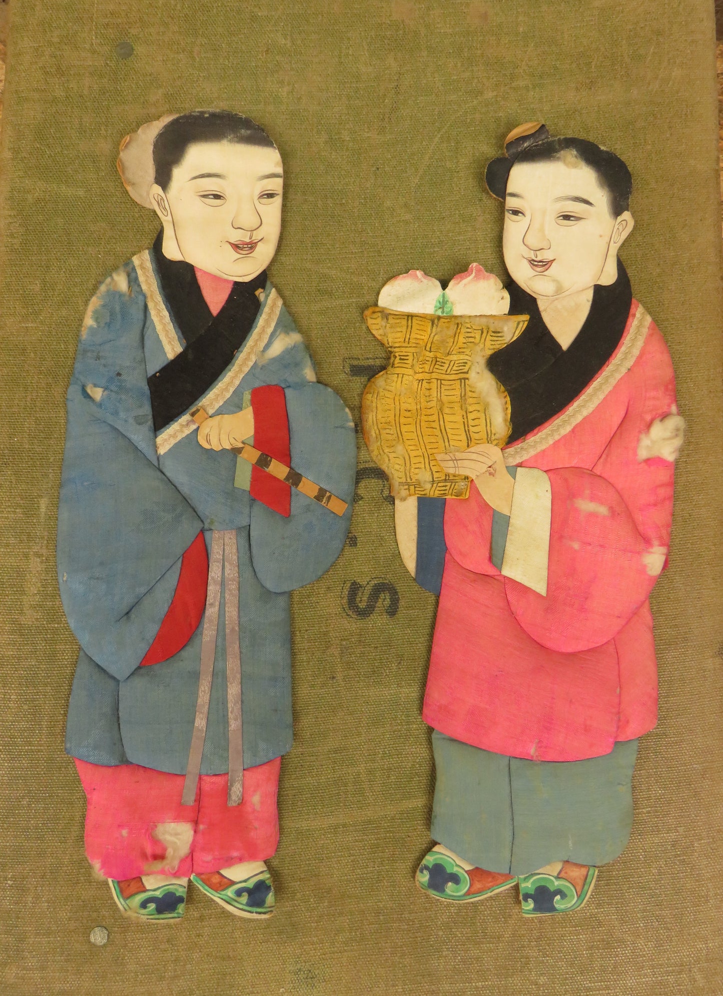 Pair of Antique Chinese painted silk on card immortal figures