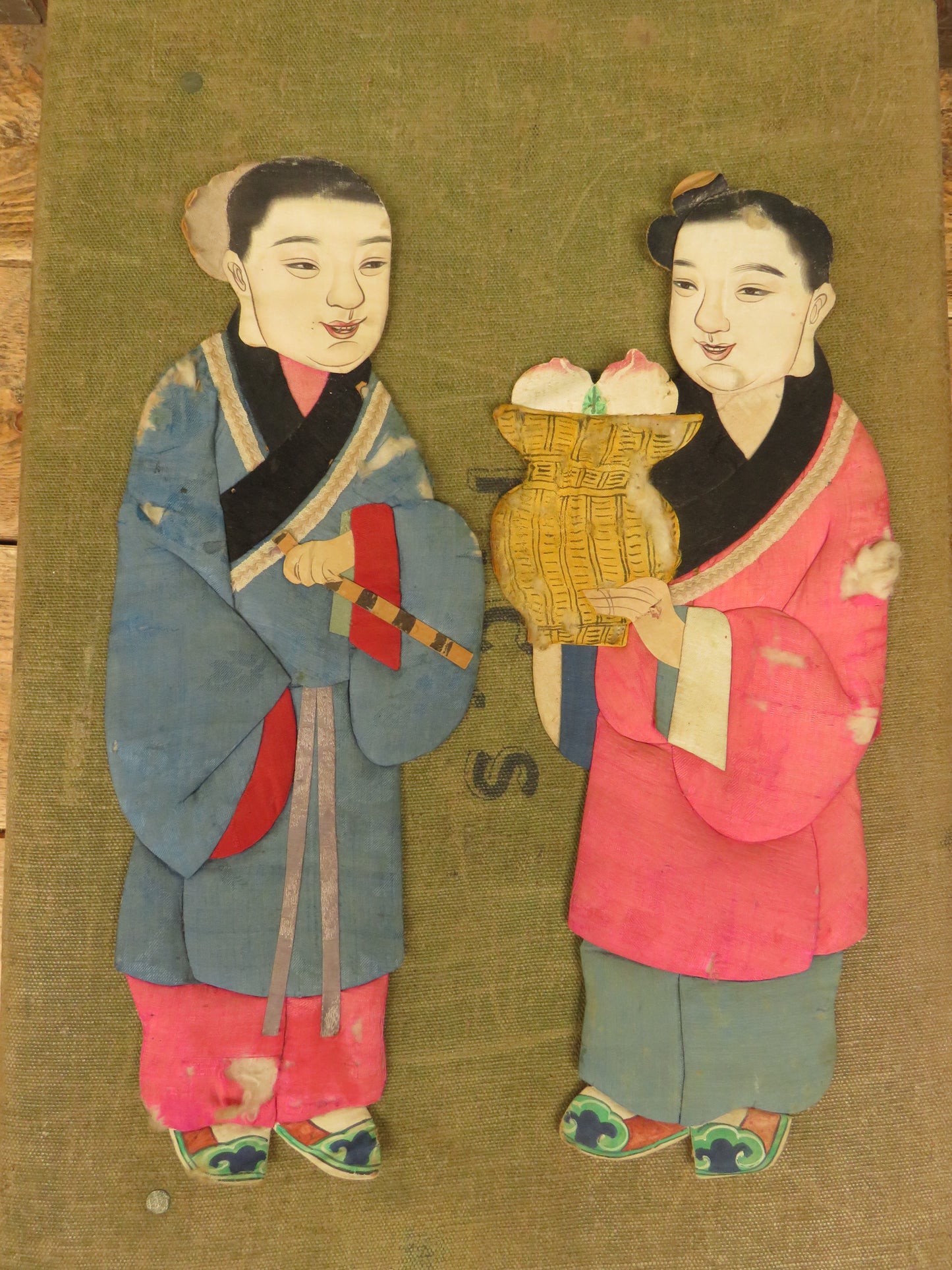 Pair of Antique Chinese painted silk on card immortal figures