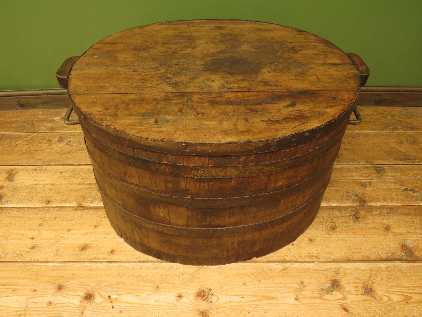 Large Antique Coopered Pig Salting Barrel with Lid, rustic coffee or bar table