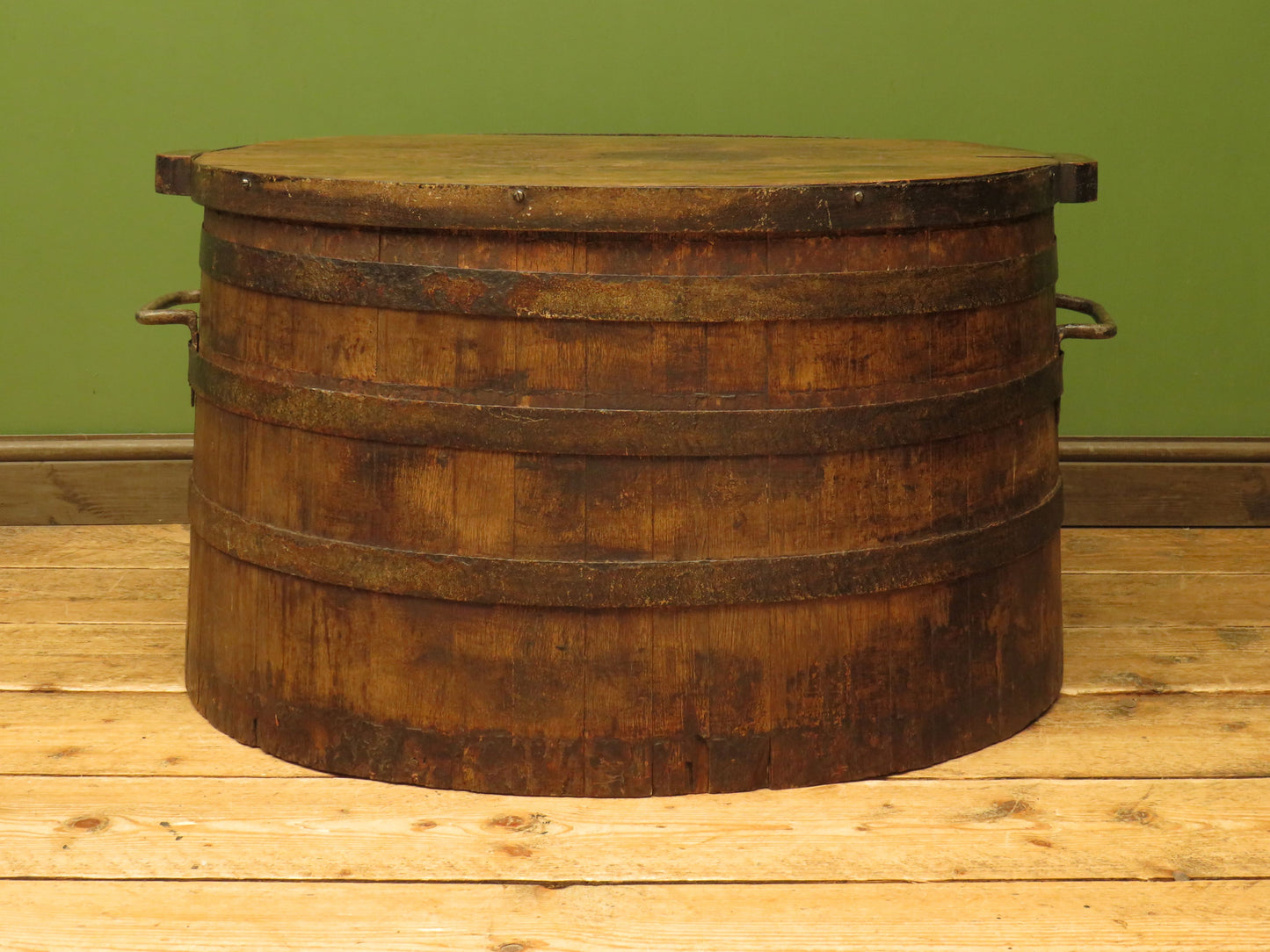 Large Antique Coopered Pig Salting Barrel with Lid, rustic coffee or bar table