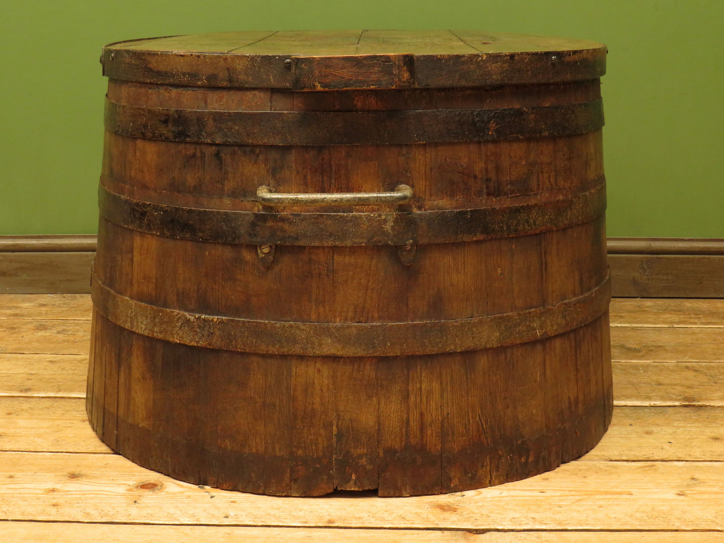 Large Antique Coopered Pig Salting Barrel with Lid, rustic coffee or bar table