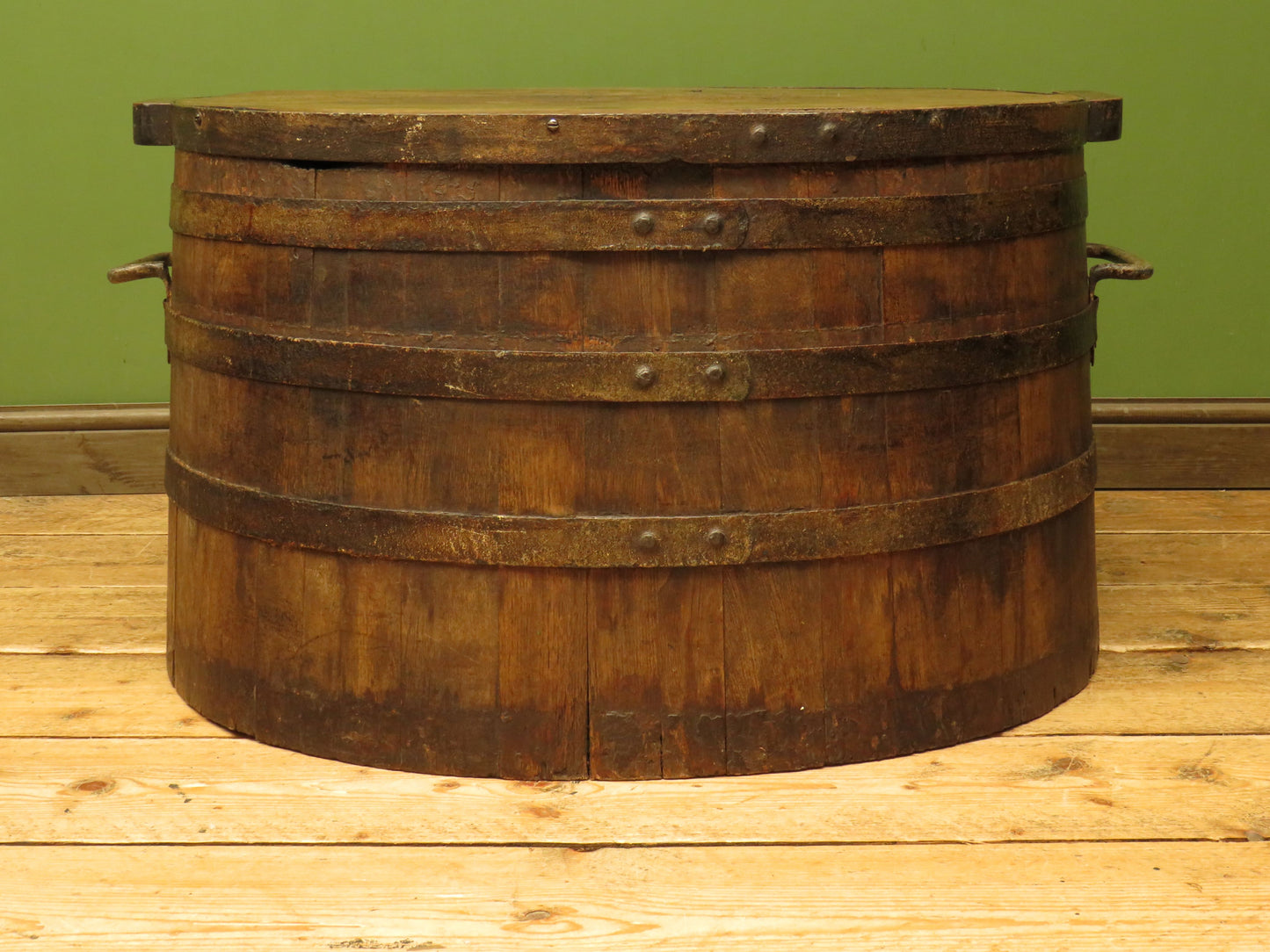 Large Antique Coopered Pig Salting Barrel with Lid, rustic coffee or bar table