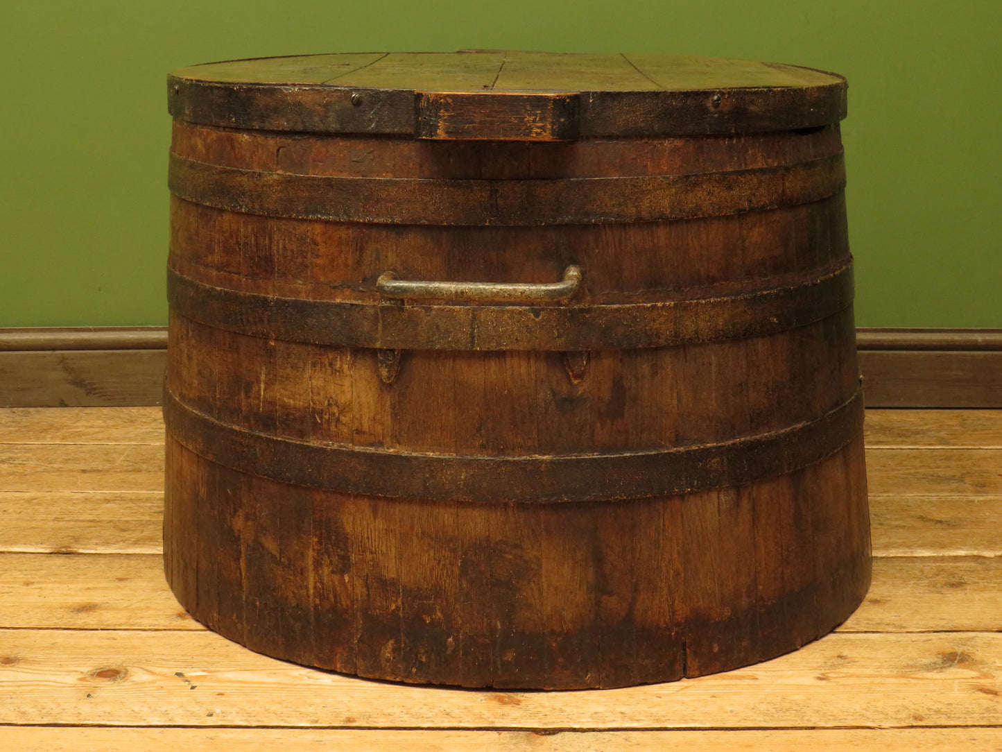 Large Antique Coopered Pig Salting Barrel with Lid, rustic coffee or bar table