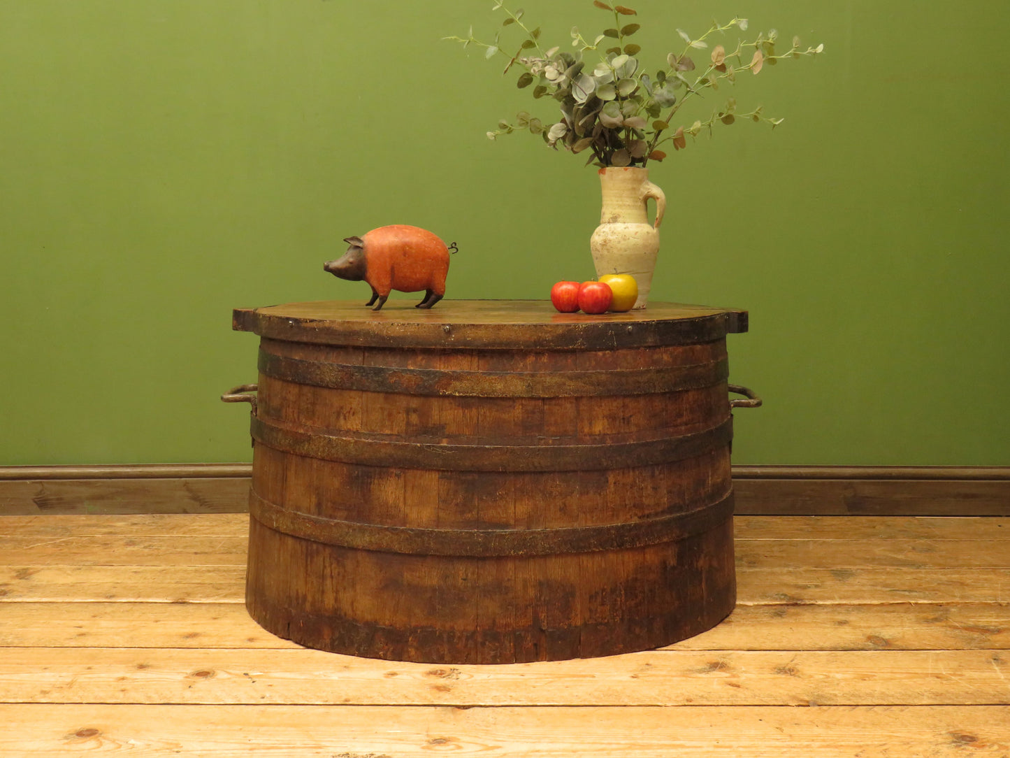 Large Antique Coopered Pig Salting Barrel with Lid, rustic coffee or bar table