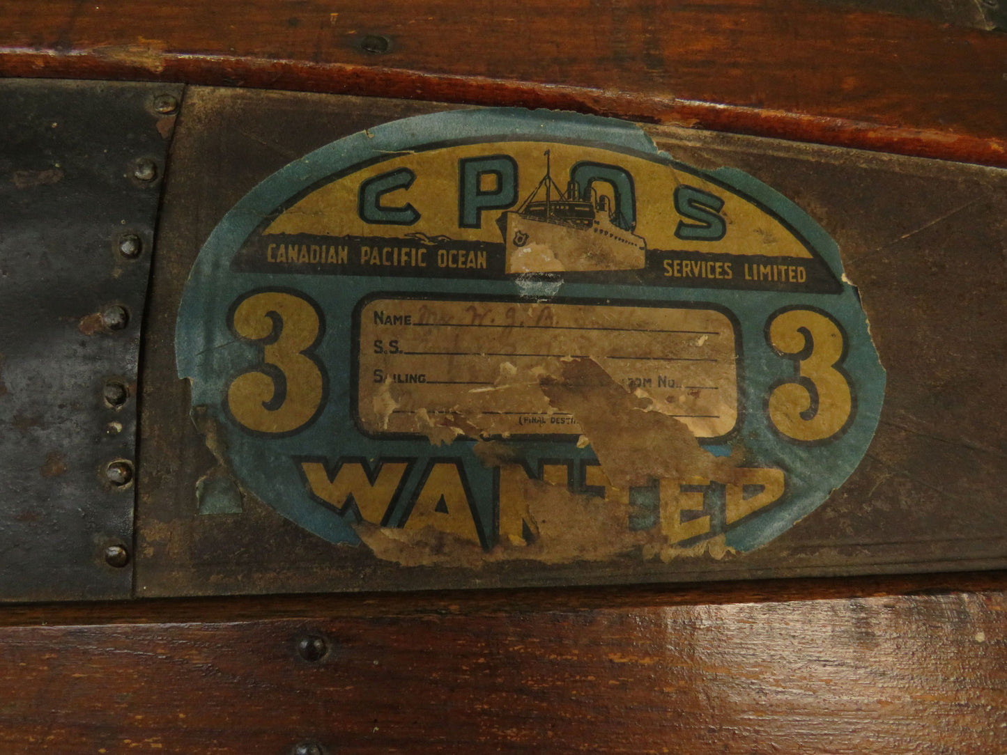 Large Antique Dome Top Travelling trunk with old Canadian luggage labels
