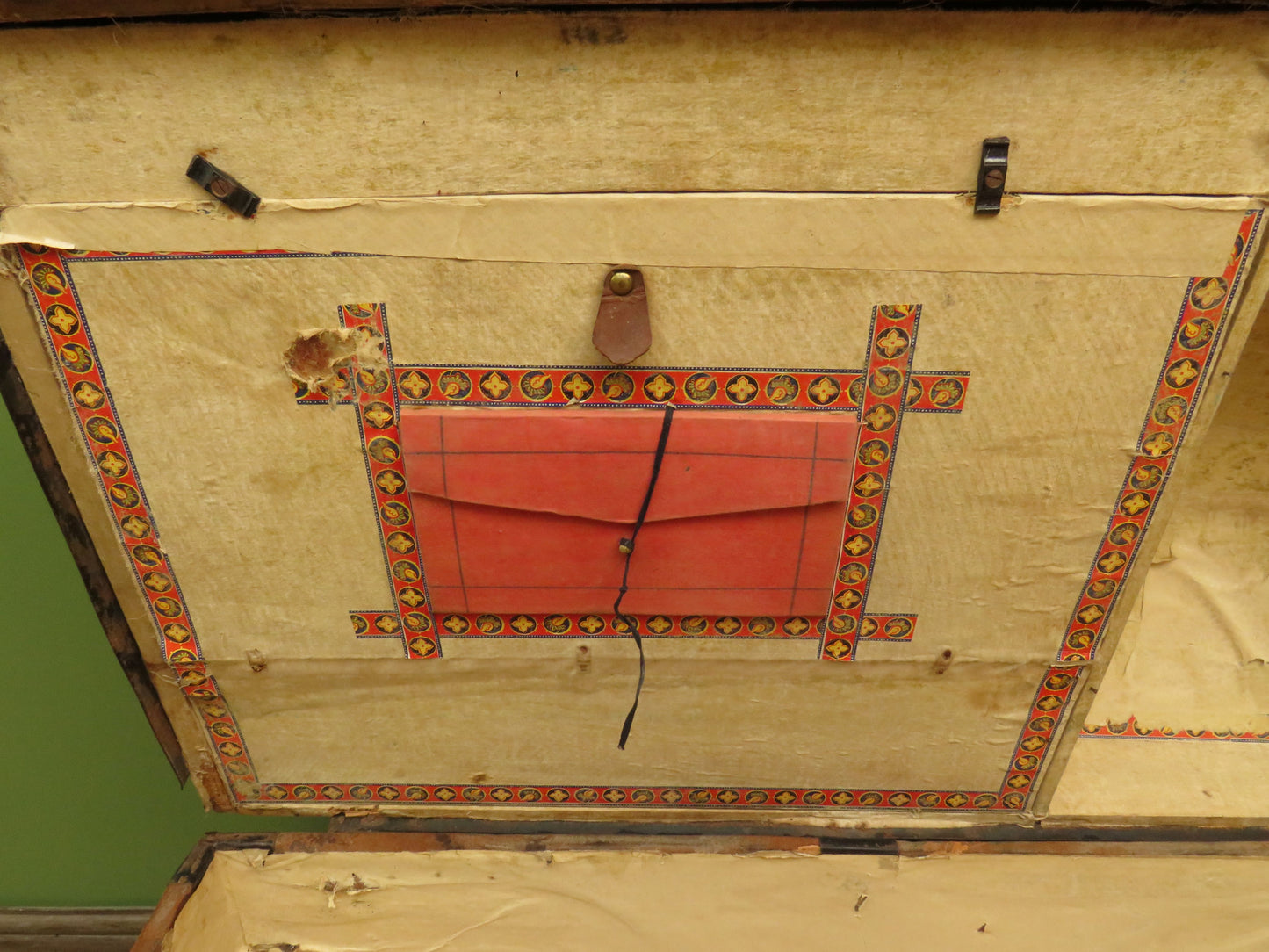 Large Antique Dome Top Travelling trunk with old Canadian luggage labels