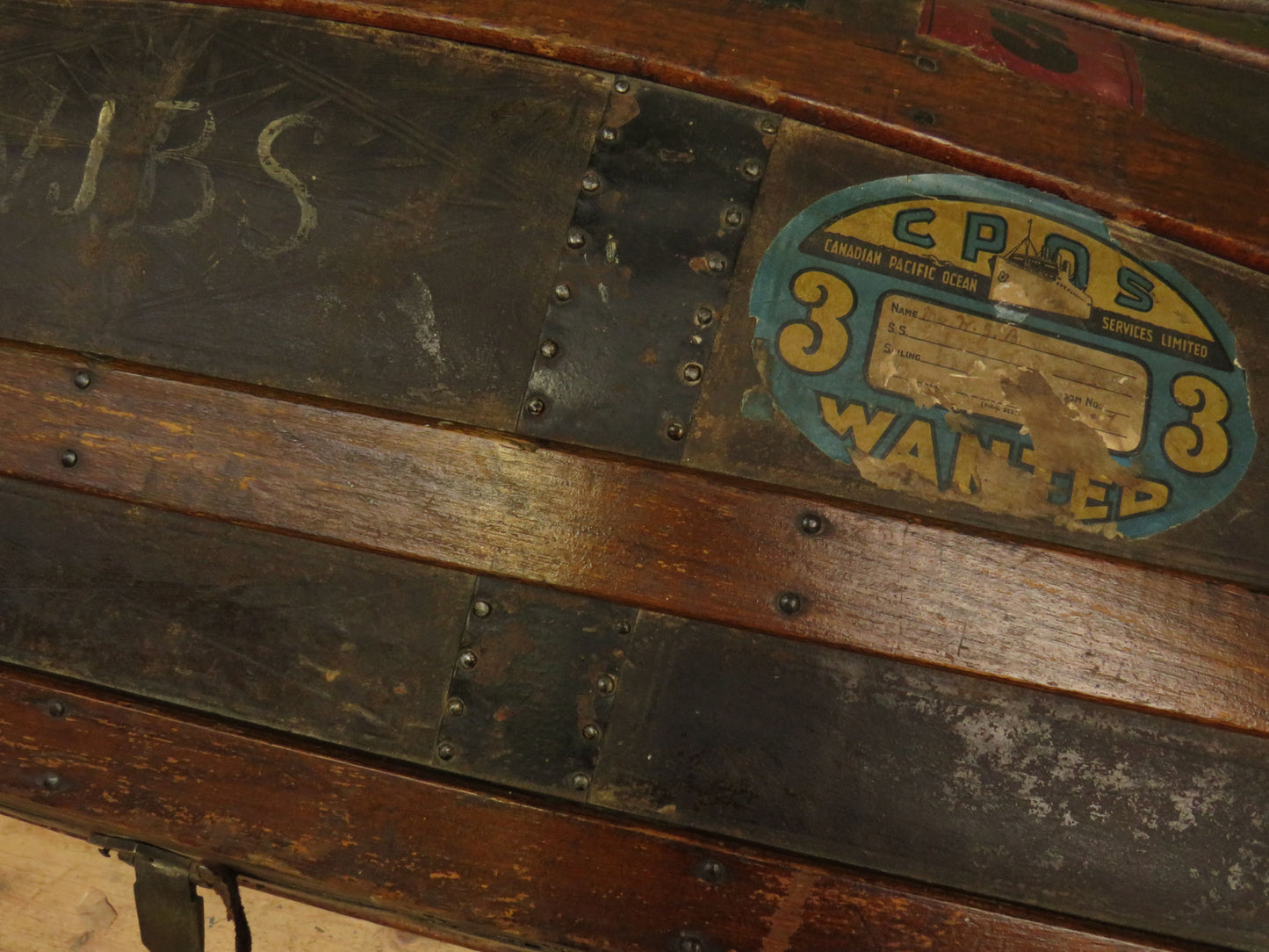 Large Antique Dome Top Travelling trunk with old Canadian luggage labels