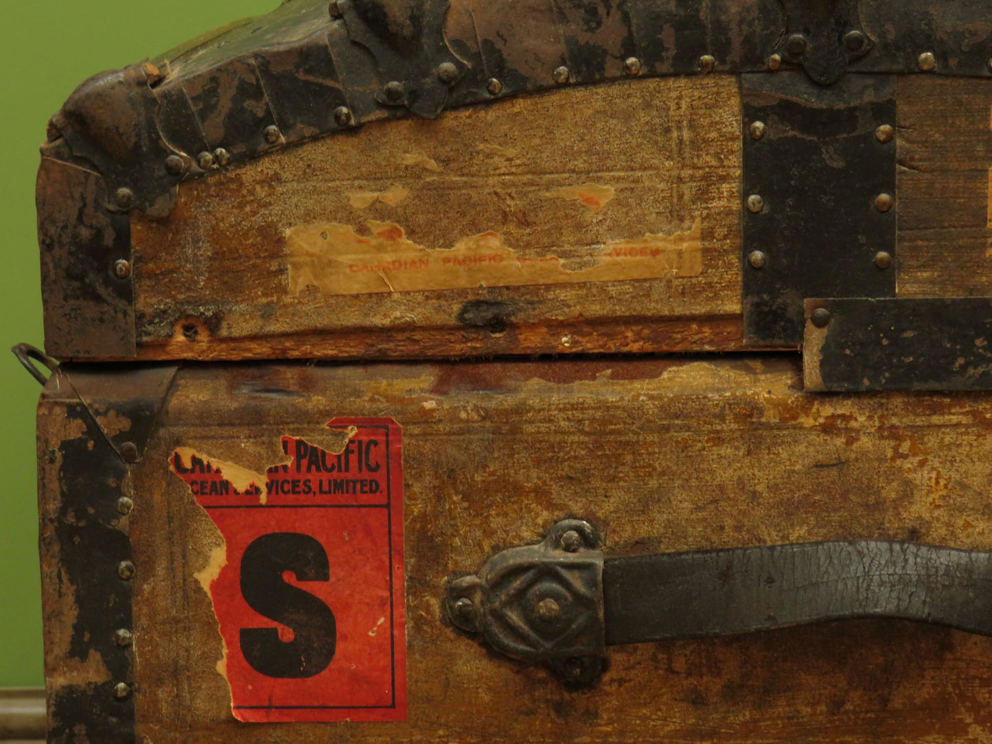 Large Antique Dome Top Travelling trunk with old Canadian luggage labels