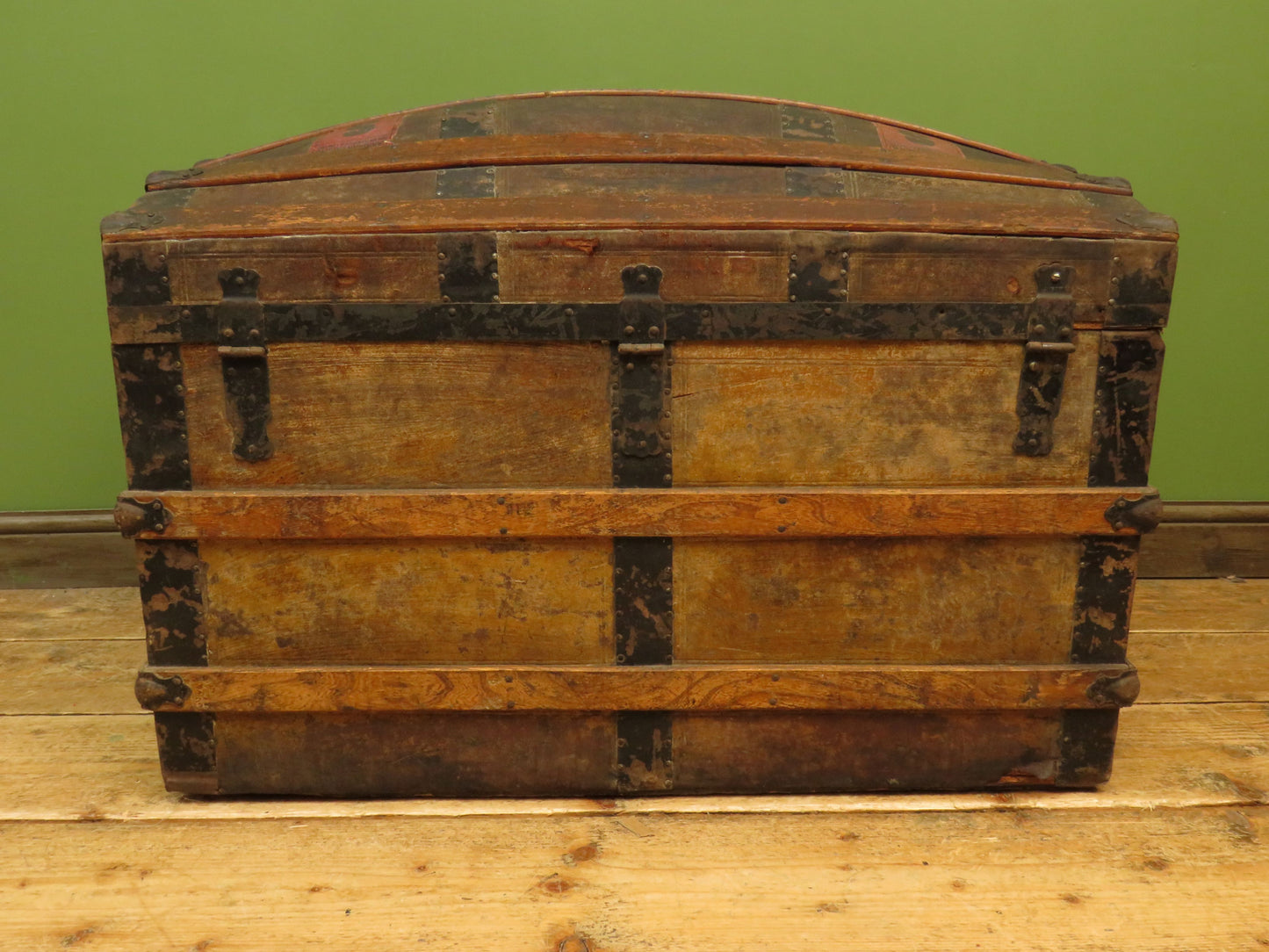 Large Antique Dome Top Travelling trunk with old Canadian luggage labels