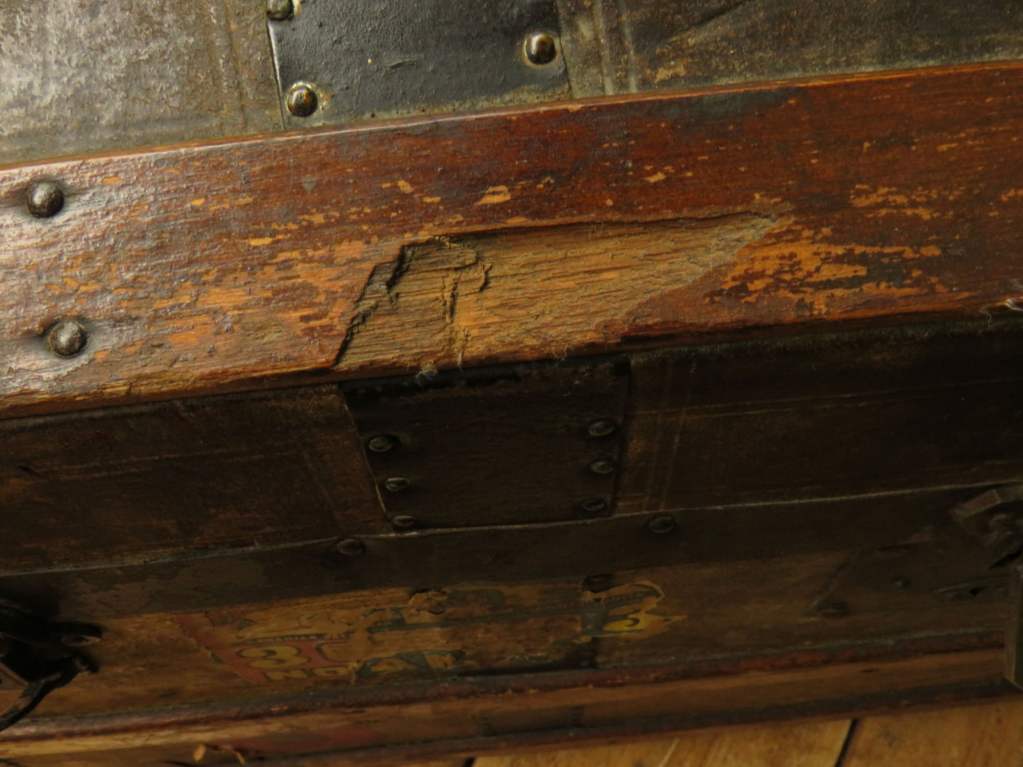 Large Antique Dome Top Travelling trunk with old Canadian luggage labels