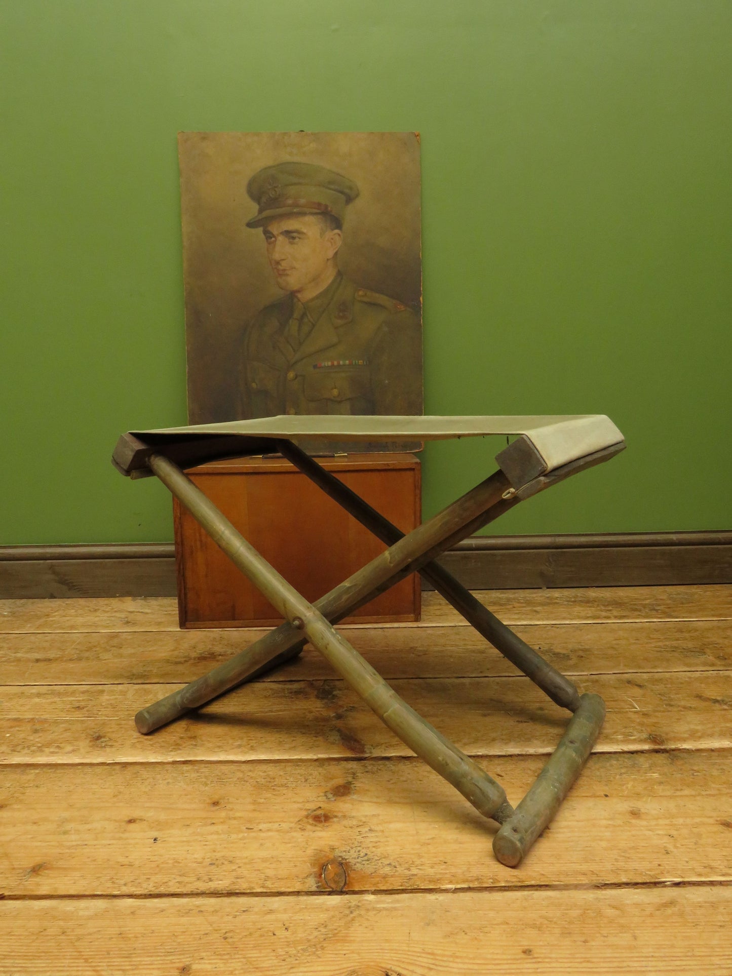 Vintage Folding Campaign Style Bamboo Stool