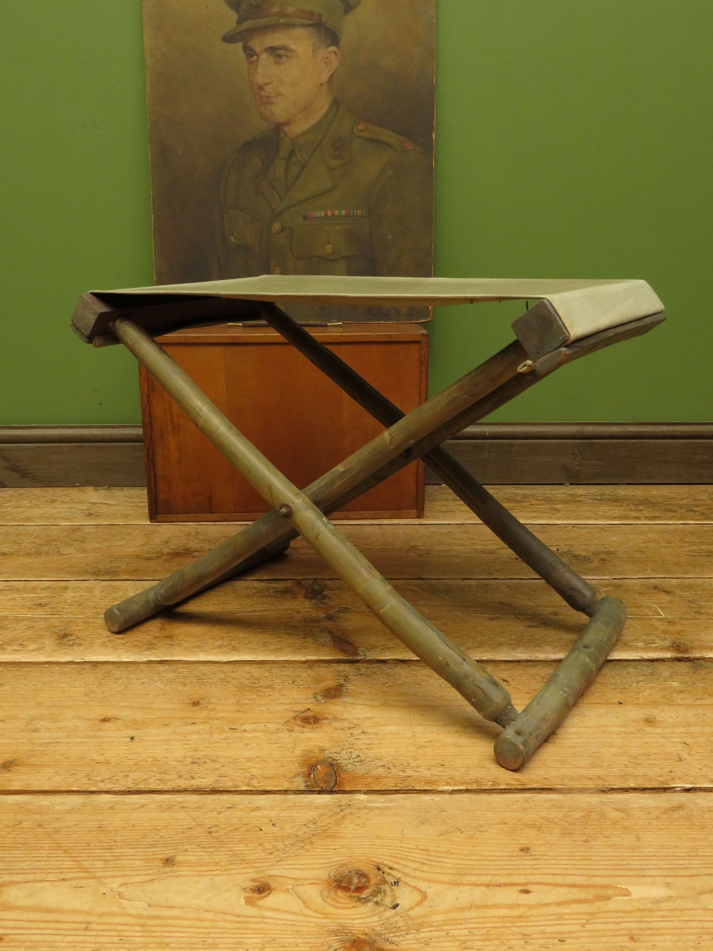 Vintage Folding Campaign Style Bamboo Stool